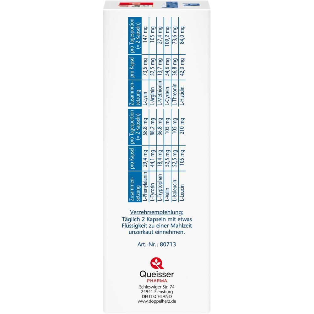 Seite der Doppelherz Aminosäuren Vital Packung. Auflistung der Inhaltsstoffe pro Kapsel und pro Tagesportion. Text in Tabellenform.