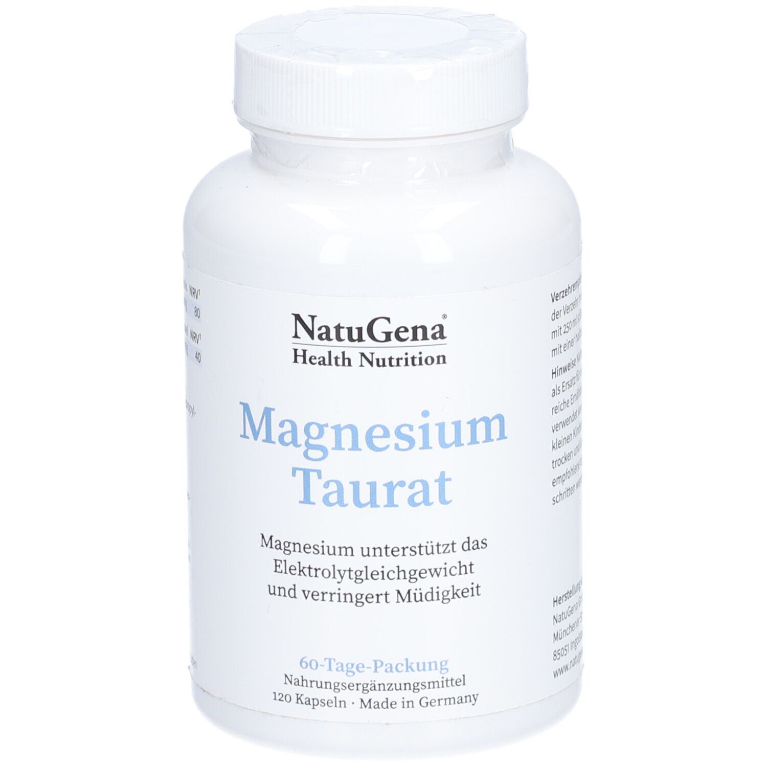 Weiße Flasche mit Schraubverschluss. Aufschrift: NatuGena Health Nutrition, Magnesium Taurat. 60-Tage-Packung.