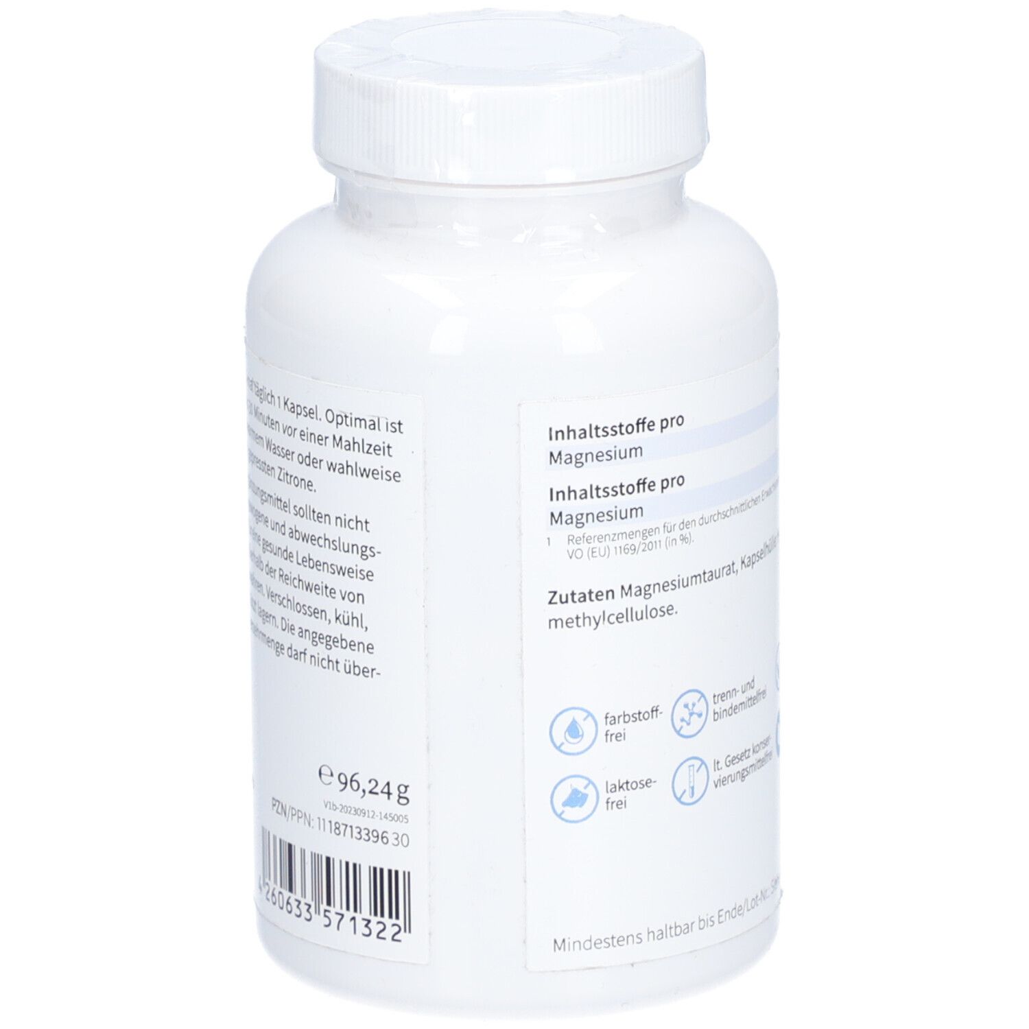 Rückseite einer weißen Flasche mit Schraubverschluss. Text: Inhaltsstoffe pro Magnesium, Zutaten, farbstoff-, lactosefrei.
