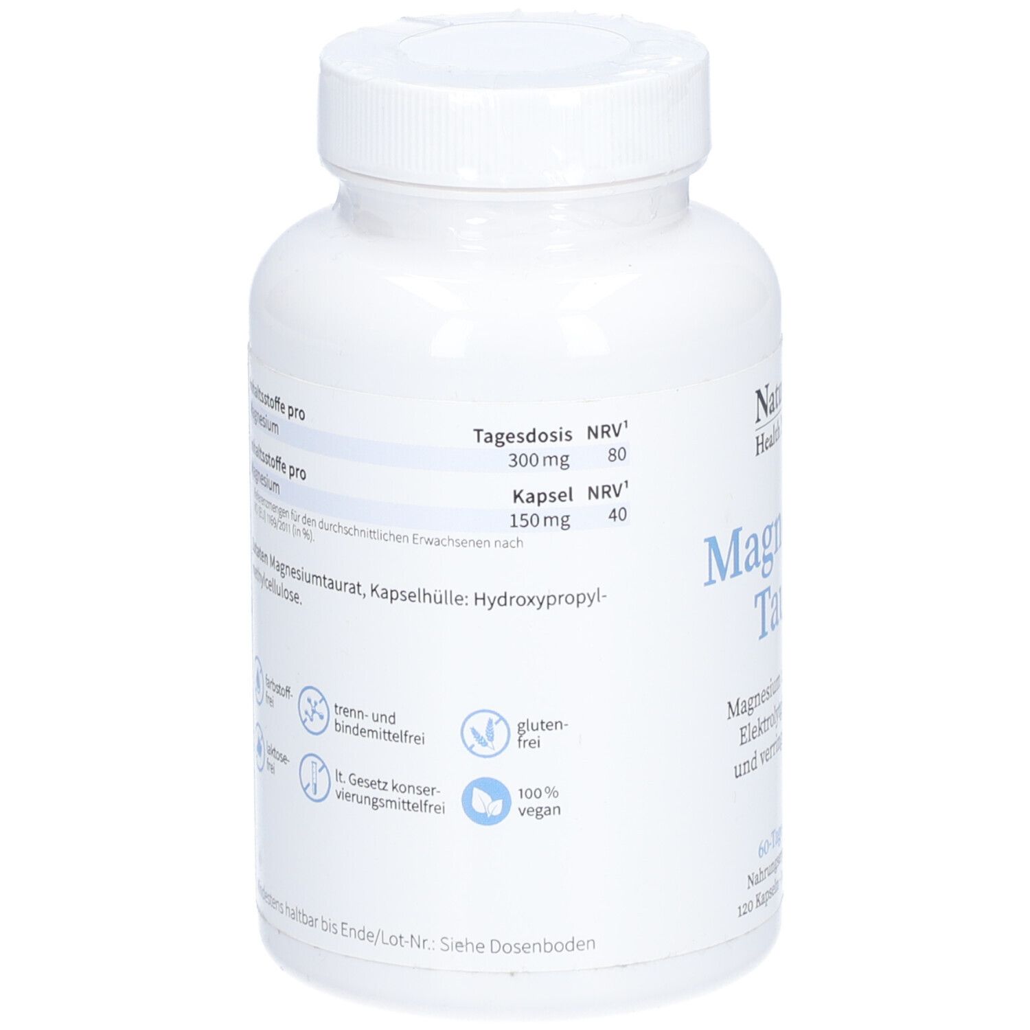 Rückseite einer weißen Flasche mit Schraubverschluss. Text: Tagesdosis, Magnesium, Kapsel, vegan, glutenfrei.