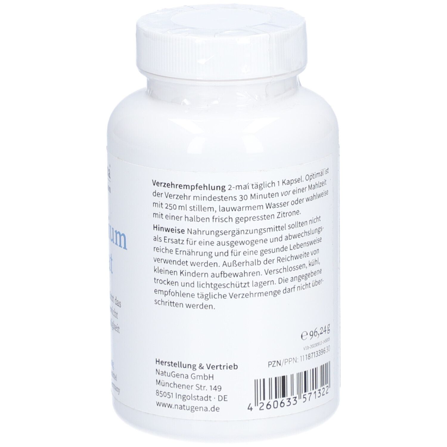 Rückseite einer weißen Flasche mit Schraubverschluss. Text: Verzehrempfehlung, Herstellung & Vertrieb, 96,24g.