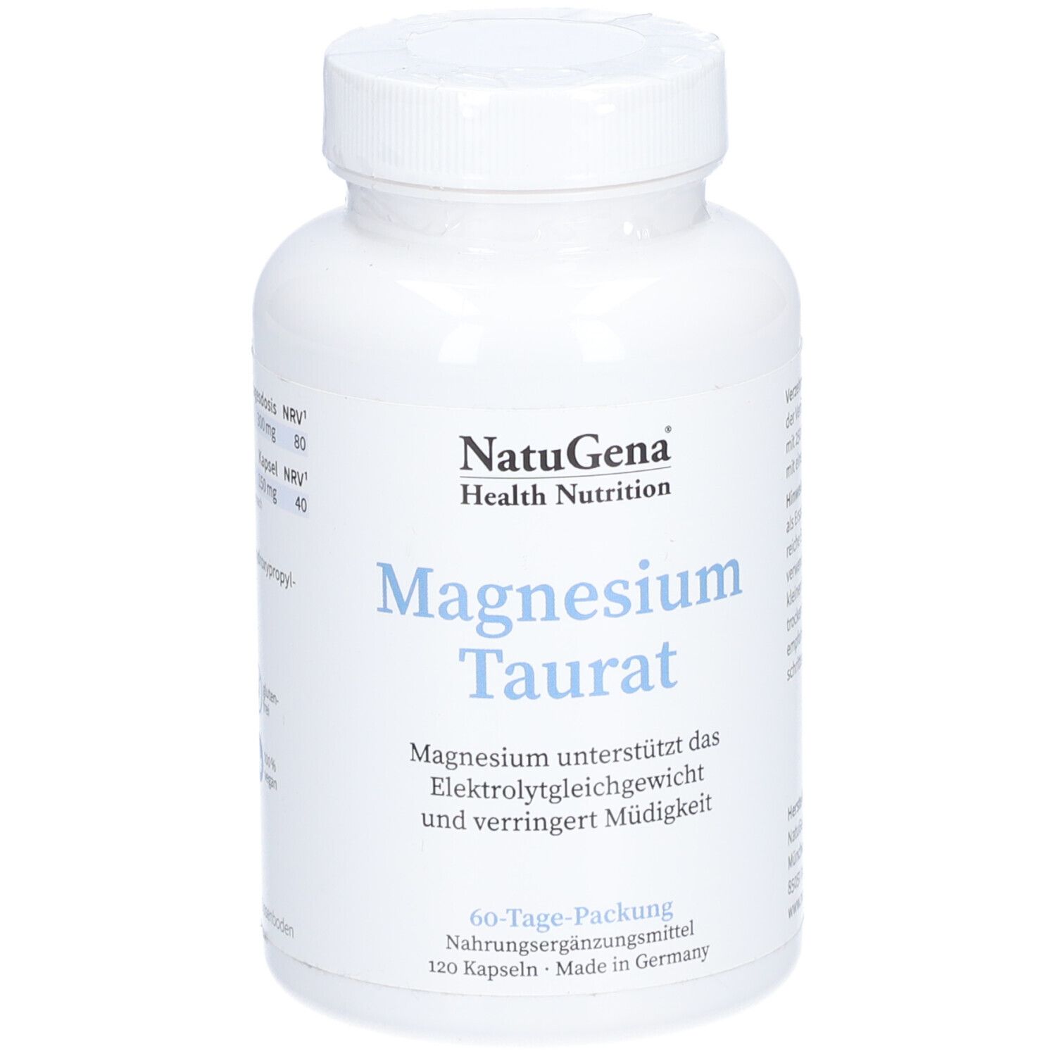 Weiße Flasche mit Schraubverschluss. Aufschrift: NatuGena Health Nutrition, Magnesium Taurat. 60-Tage-Packung.