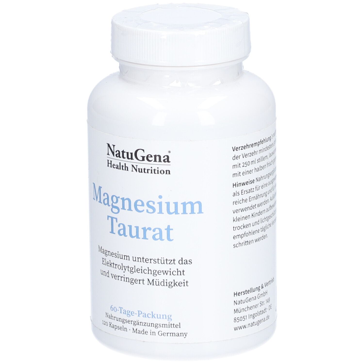 Weiße Flasche mit Schraubverschluss. Aufschrift: NatuGena Health Nutrition, Magnesium Taurat. 60-Tage-Packung.