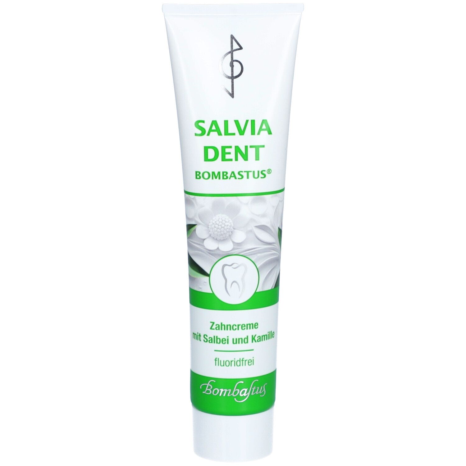 Zahnpasta-Tube Salviadent Bombastus. Weiß, grün. Schriftzug Salvia Dent, Bombastus. Mit Salbei und Kamille. Fluoridfrei.
