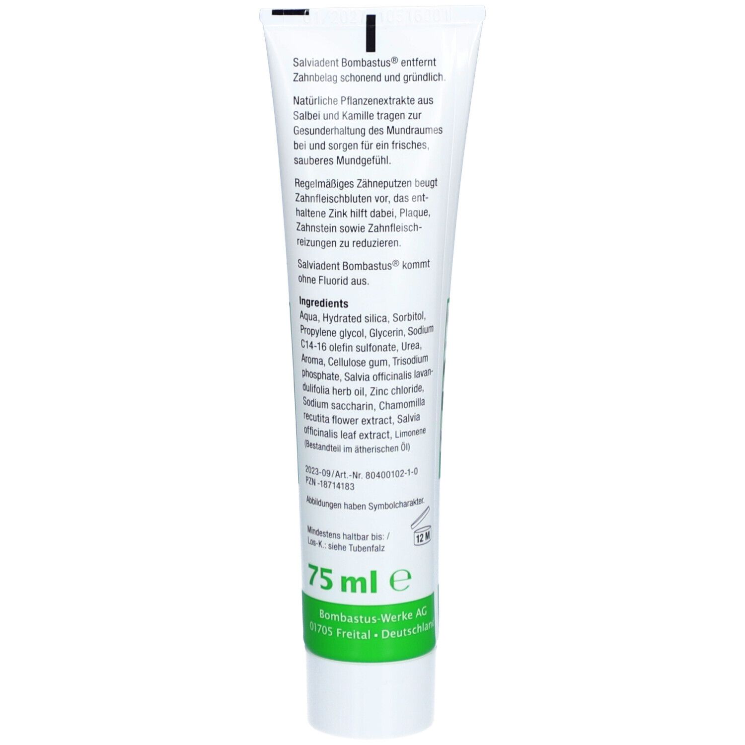 Rückseite der Zahnpasta-Tube Salviadent Bombastus. Text in deutscher Sprache. Inhaltsstoffe. 75 ml. Bombastus Werke AG.
