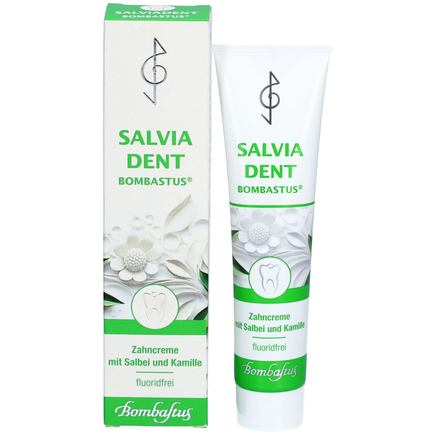 Zahnpasta-Tube Salviadent Bombastus mit Verpackung. Weiß, grün. Schriftzug Salvia Dent, Bombastus. Mit Salbei und Kamille.