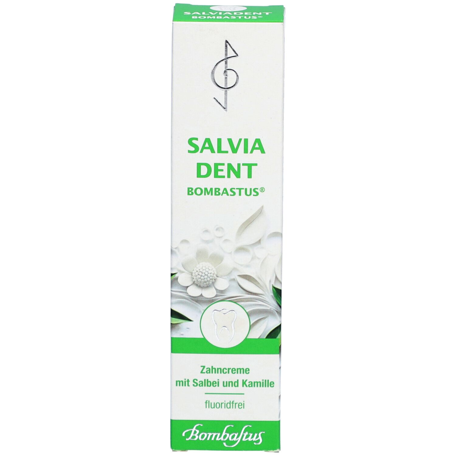 Verpackung der Zahnpasta Salviadent Bombastus. Weiß, grün. Schriftzug Salvia Dent, Bombastus. Mit Salbei und Kamille. Fluoridfrei.