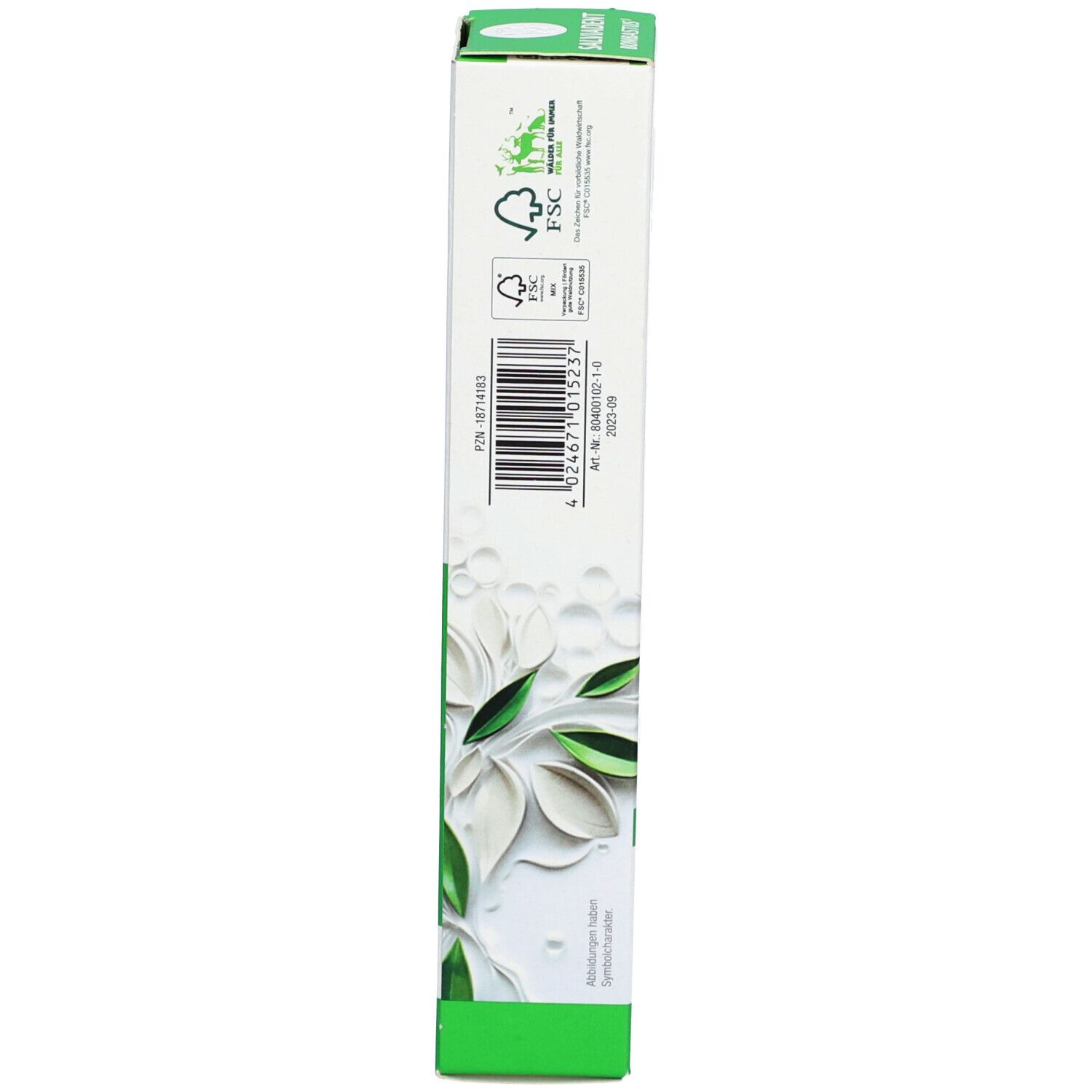 Seite der Verpackung Salviadent Bombastus. Grün, weiß. FSC-Siegel, Barcode. Abbildung von Blättern und Blüten.