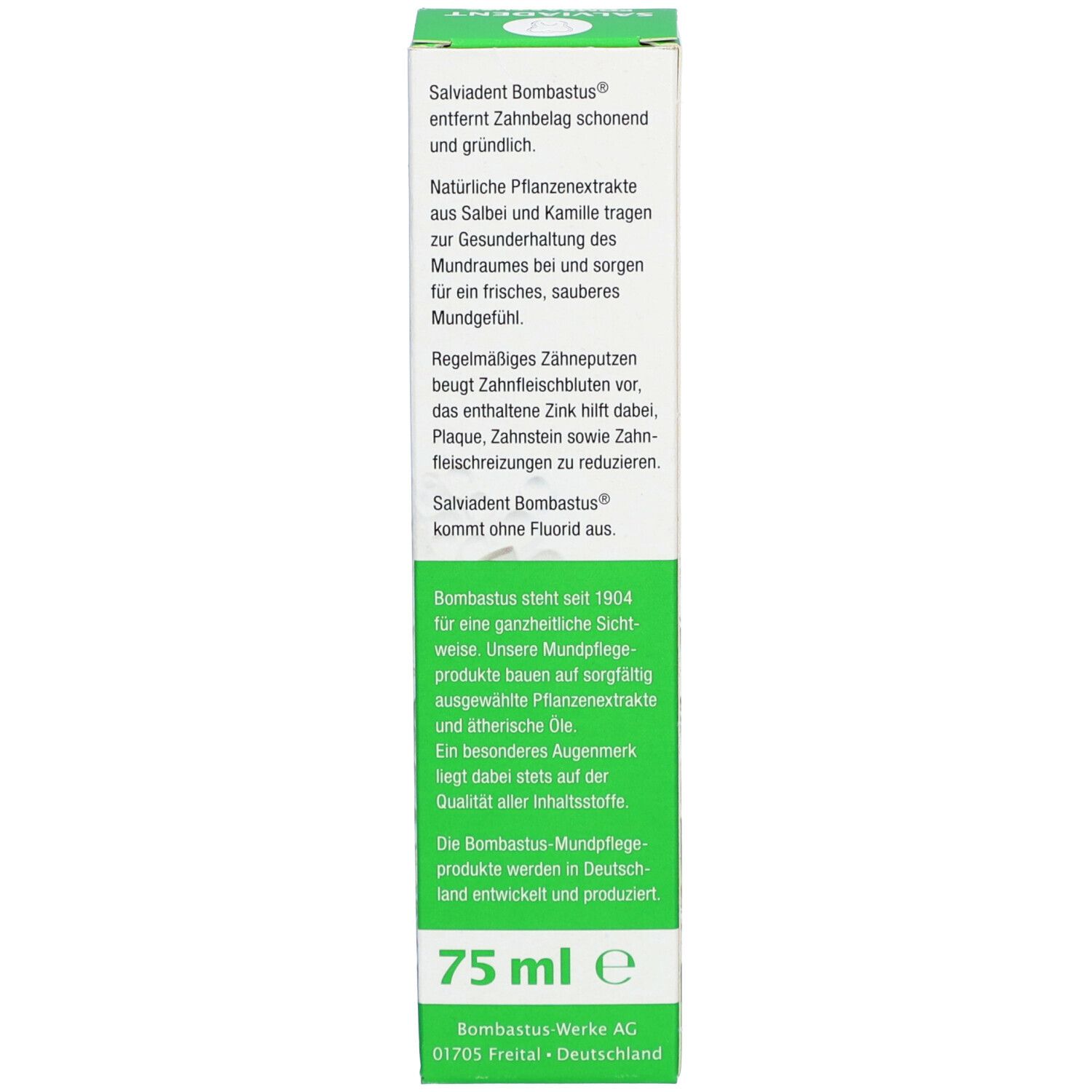 Seite der Verpackung Salviadent Bombastus. Text in deutscher Sprache. 75 ml. Bombastus Werke AG. Inhaltsstoffe.