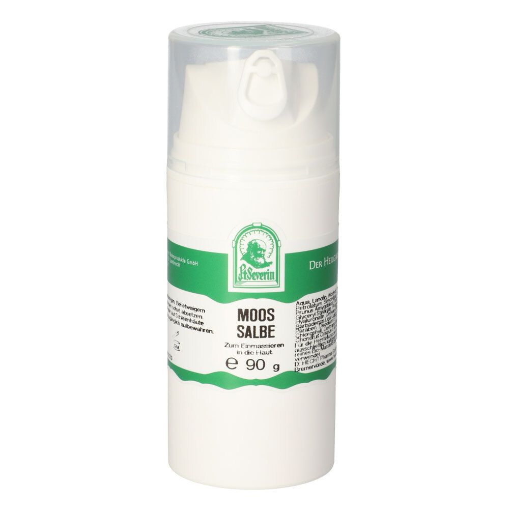 Weiße Flasche mit transparentem Deckel. Aufschrift: MOOS Salbe, e 90 g. Logo: A. Severin.