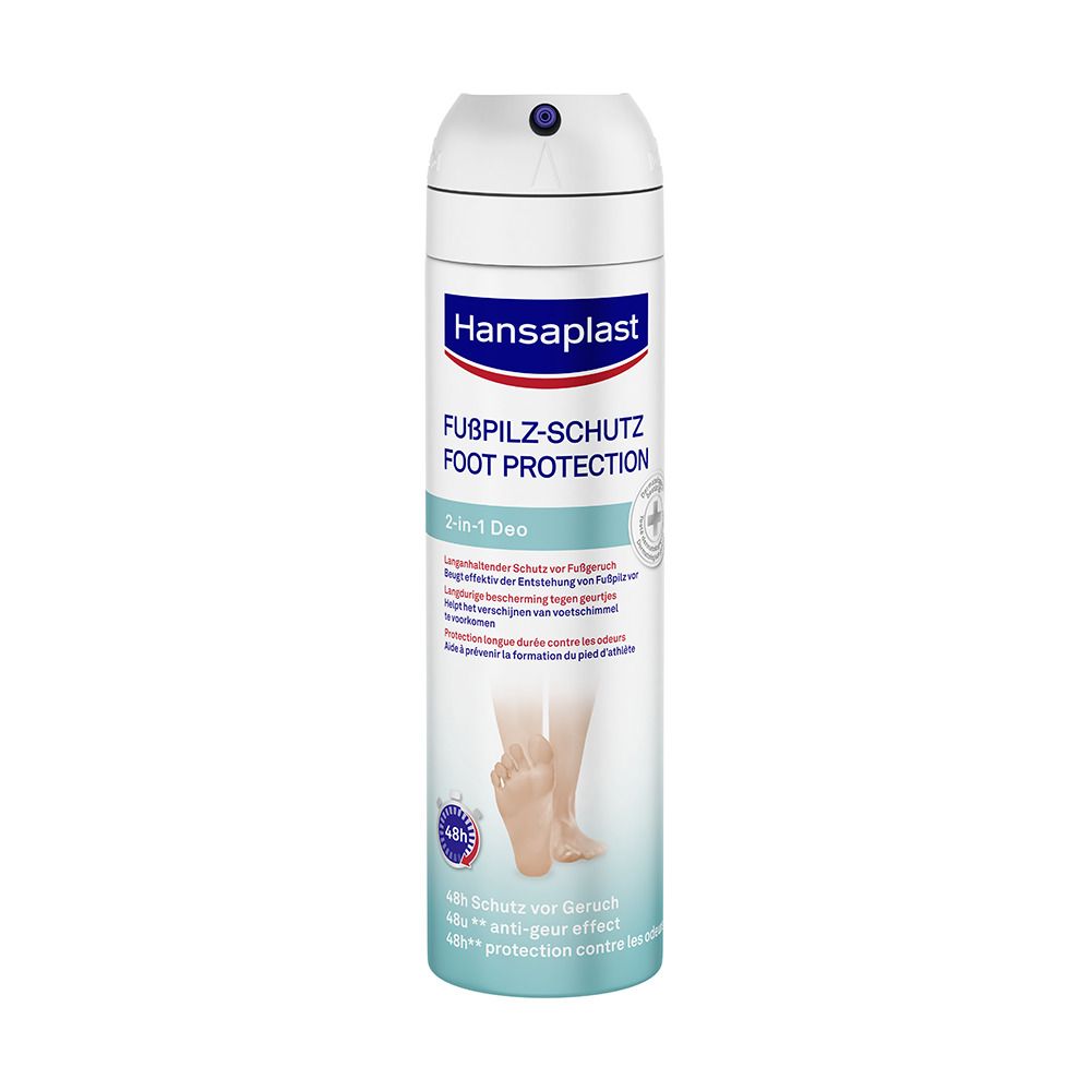 Hansaplast Fußpilzschutz 2 in 1 Deo. Weiße Sprühflasche mit blauer und weißer Beschriftung. Illustration von Füßen.
