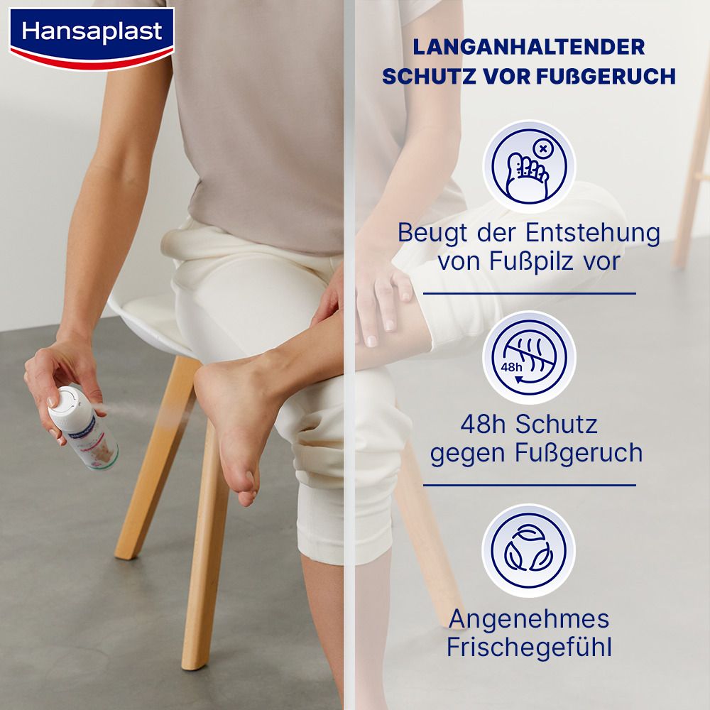 Person sprüht Deo auf Fuß. Text: Lang anhaltender Schutz vor Fußgeruch. Icons: Fuß, 48h, Frischegefühl.