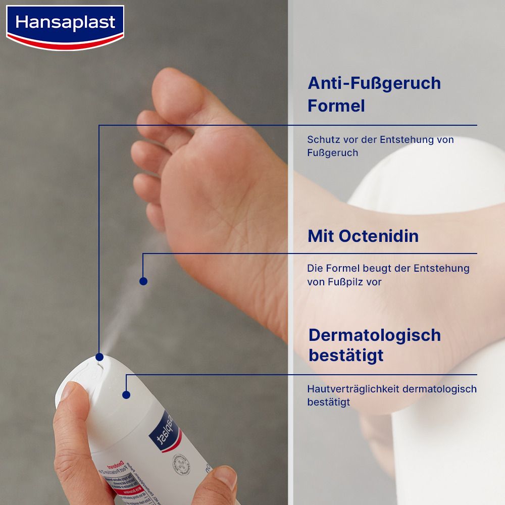 Fuß mit Text: Anti-Fußgeruch Formel, Mit Octenidin, Dermatologisch bestätigt. Sprühnebel.