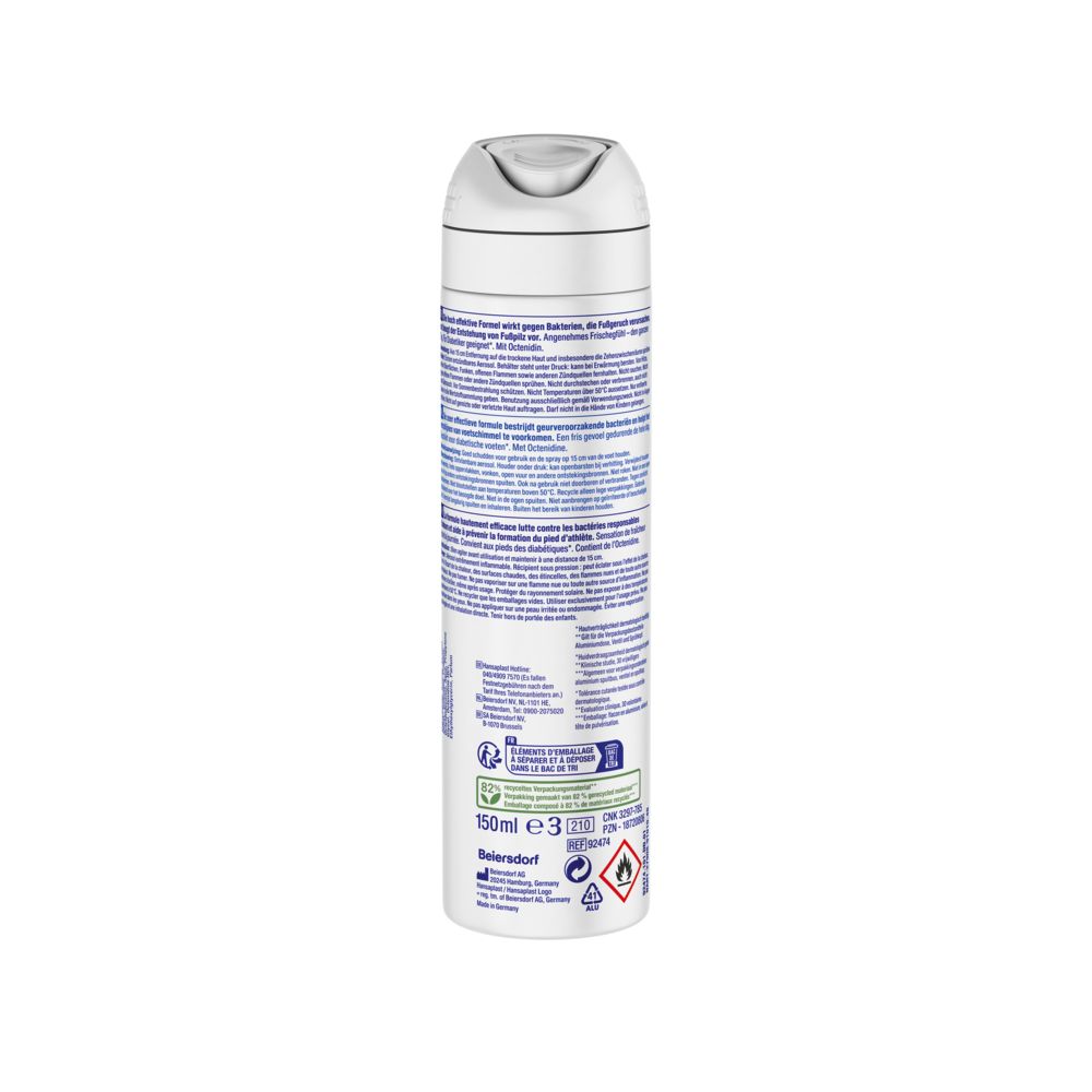 Rückseite der Sprühflasche. Text, Inhaltsstoffe, Herstellerinformationen, Zertifizierungen, Warnhinweise.