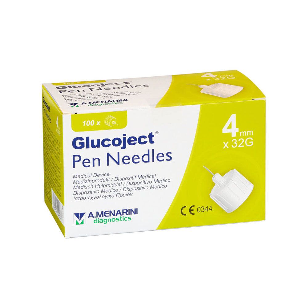 Verpackung von Glucoject Pen-Nadeln. Enthält 100 Nadeln, 4 mm x 32G. Aufdruck: A. Menarini Diagnostics, CE 0344.