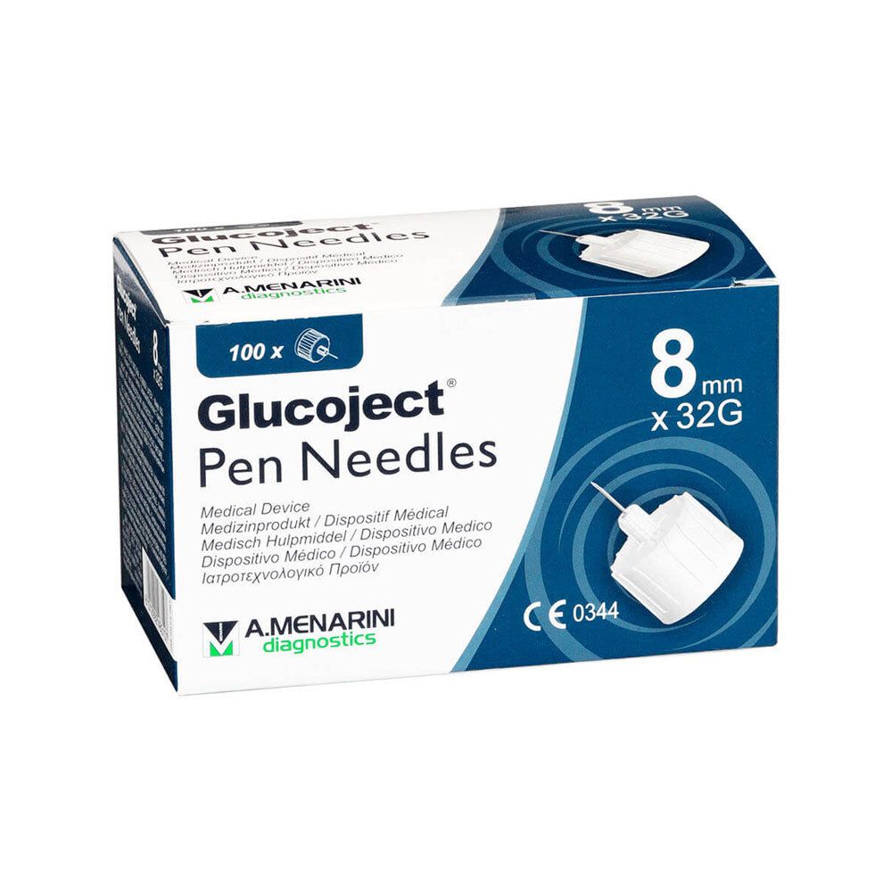 Packung Glucoject Pen-Nadeln. Enthält 100 Nadeln. 8 mm x 32G. Aufdruck: A. Menarini Diagnostics. Medizinprodukt.