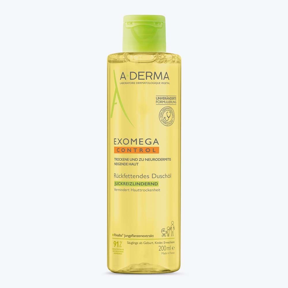A-DERMA EXOMEGA CONTROL Duschöl. Gelbe Flüssigkeit in einer Flasche mit grünem Deckel. Produktetikett sichtbar.