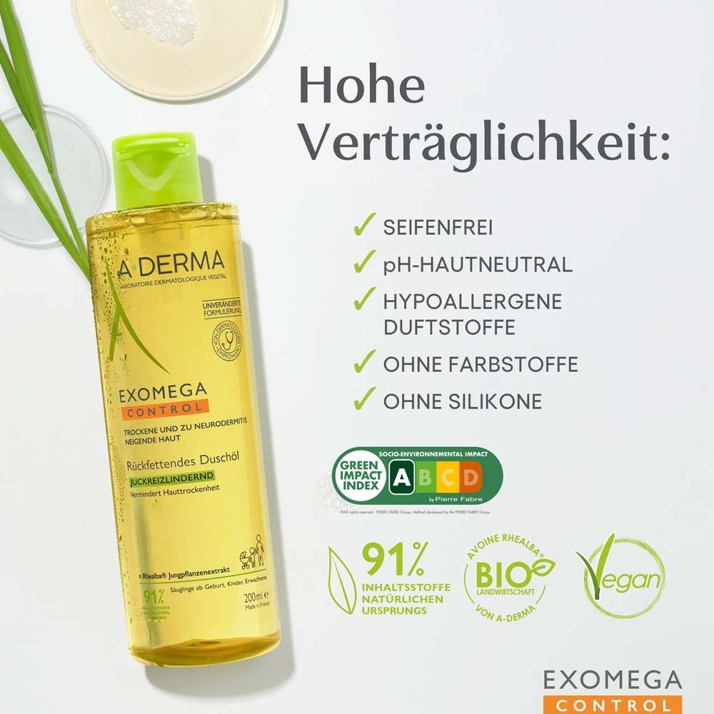 A-DERMA EXOMEGA CONTROL Duschöl. Flasche mit grünem Deckel. Text: Hohe Verträglichkeit. Zertifizierungen und Inhaltsstoffe.