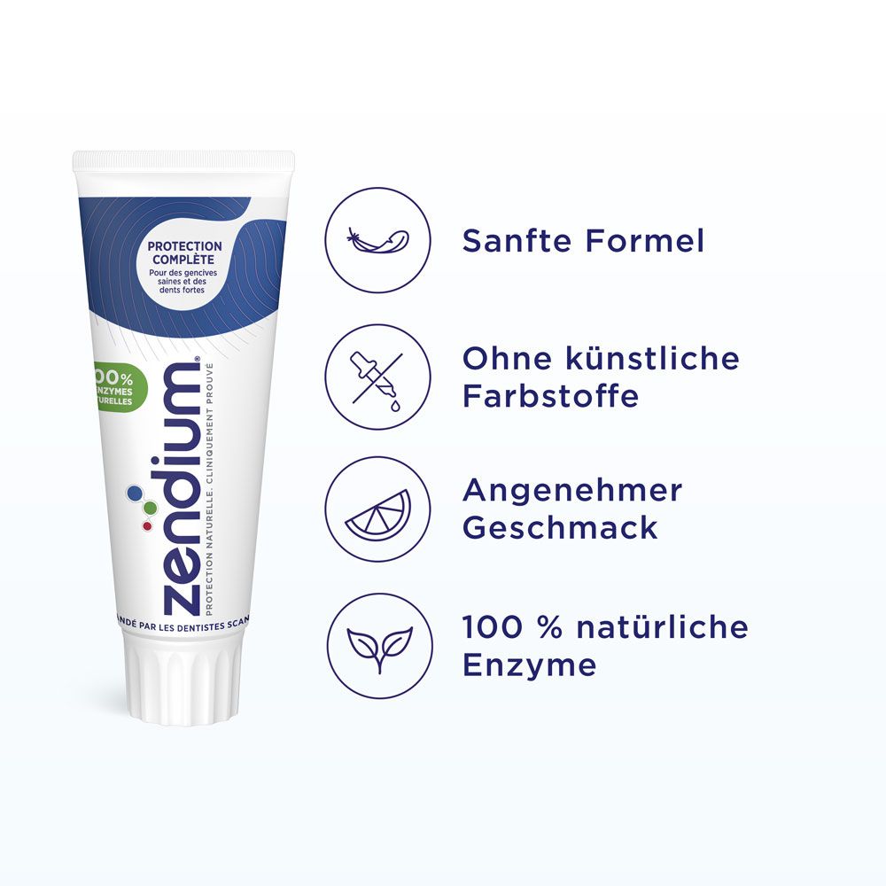 Zahnpasta-Tube mit Text: PROTECTION COMPLETE, Zendium. Grafiken: Sanfte Formel, ohne künstliche Farbstoffe, angenehmer Geschmack, 100% natürliche Enzyme.