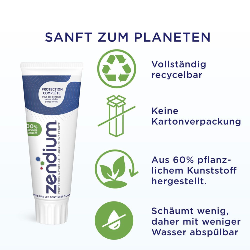 Zahnpasta-Tube mit Text: PROTECTION COMPLETE, Zendium. Grafiken: Vollständig recycelbar, keine Kartonverpackung, aus 60% pflanzlichem Kunststoff, schäumt wenig.