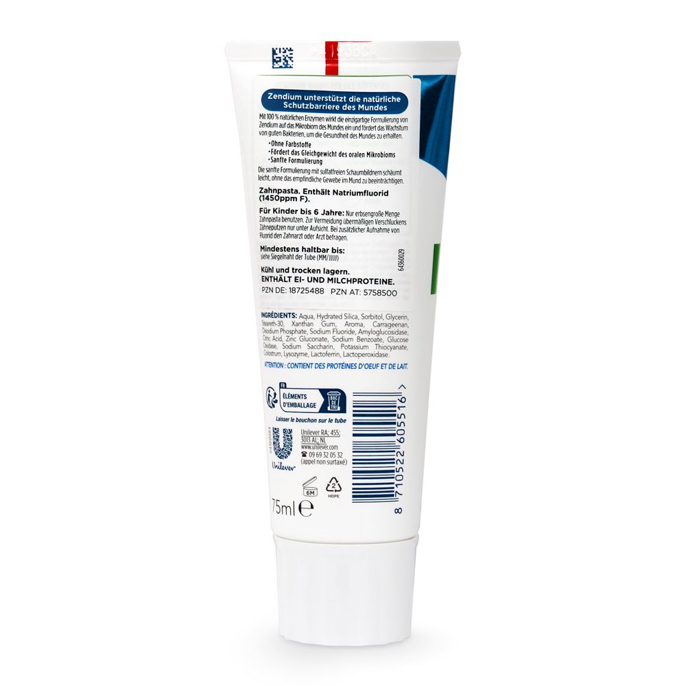 Rückseite einer Zahnpasta-Tube. Text: Zendium, Inhaltsstoffe, Warnhinweise. Enthält Ei- und Milchproteine. 75ml.