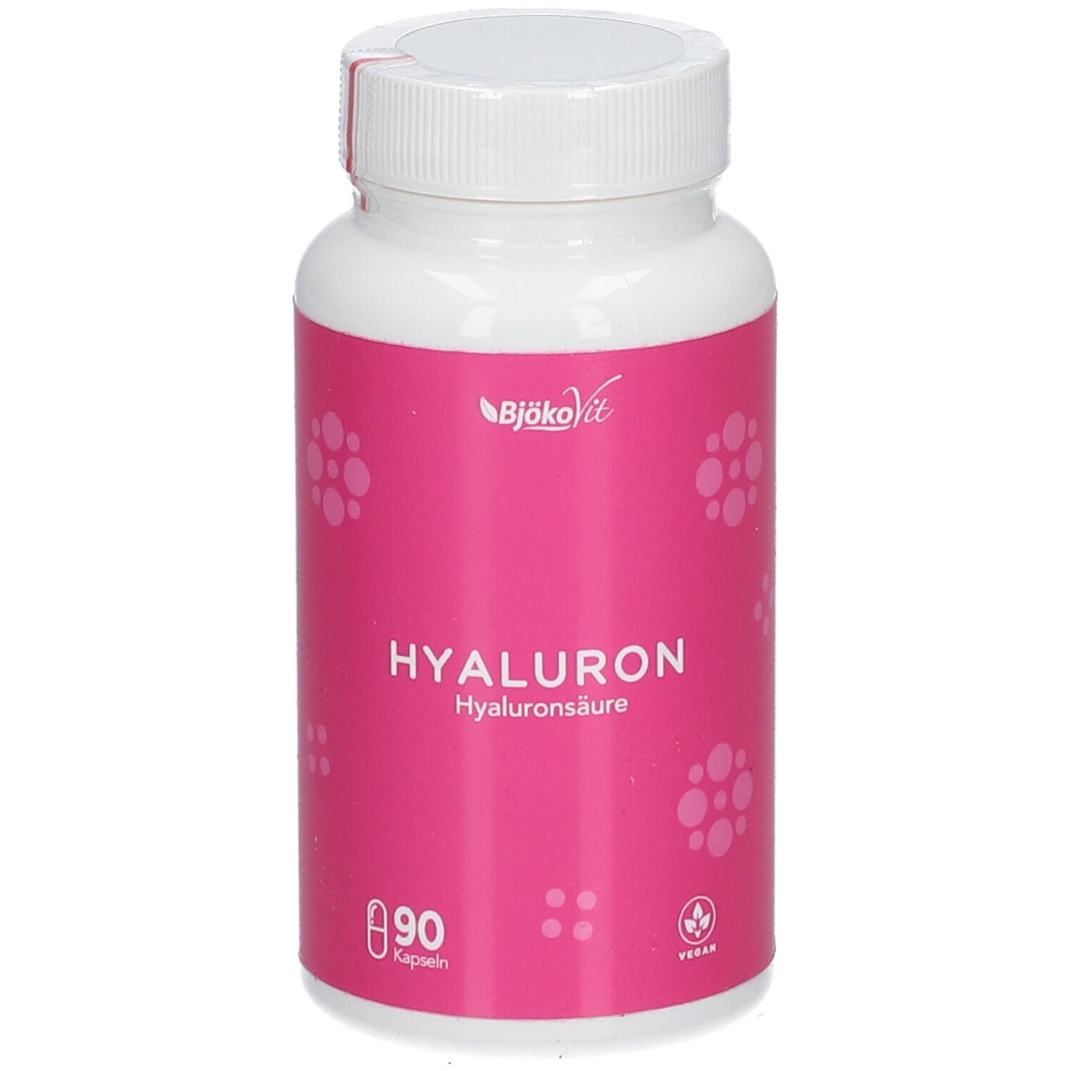 Weiße Flasche mit rosa Etikett. Aufschrift: Hyaluron, 90 Kapseln. Marke BjökoVit. Vegan-Siegel.