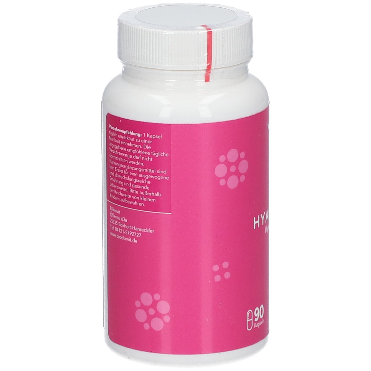 Weiße Flasche mit rosa Etikett. Text auf der Rückseite. 90 Kapseln. Marke BjökoVit. Vegan-Siegel.