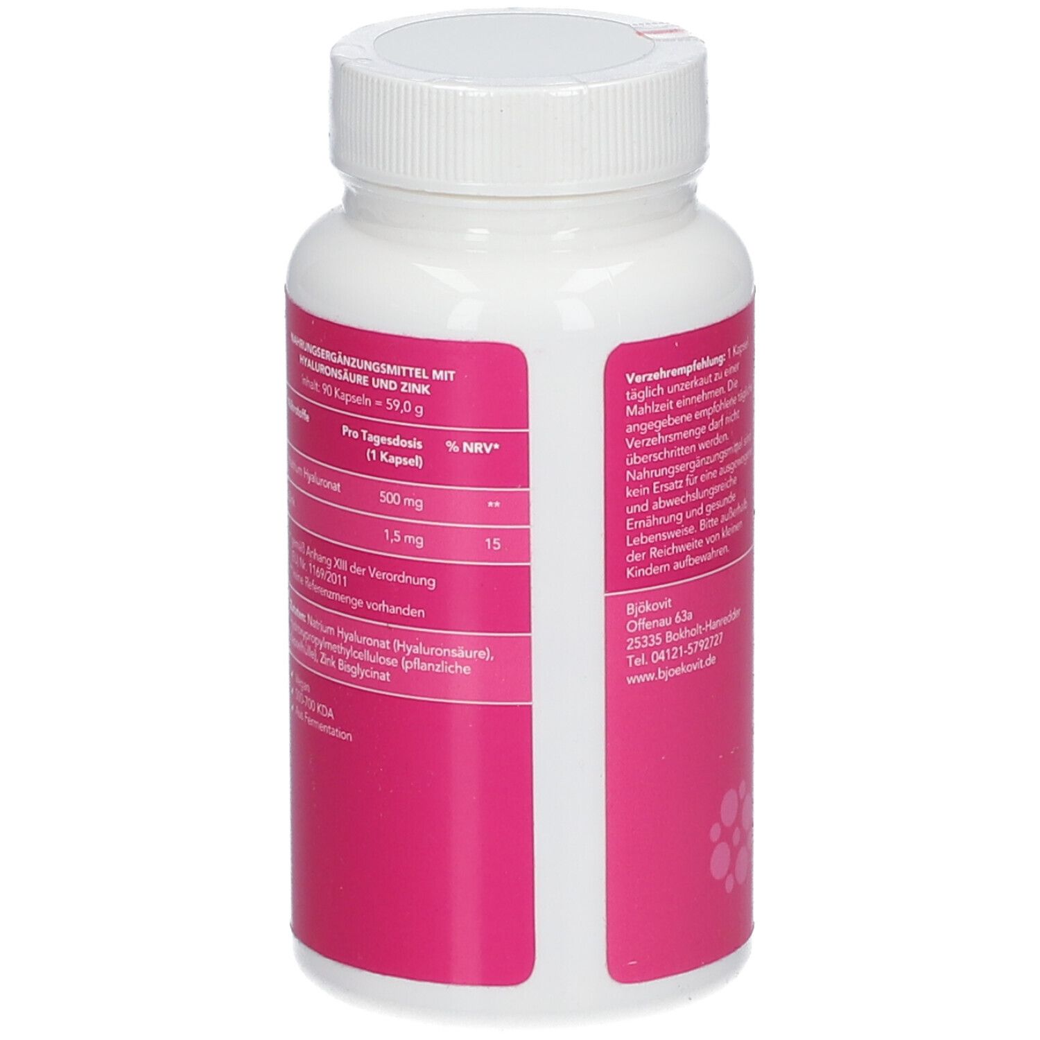 Weiße Flasche mit rosa Etikett. Text mit Inhaltsstoffen und Nährwerten. 90 Kapseln. Marke BjökoVit.