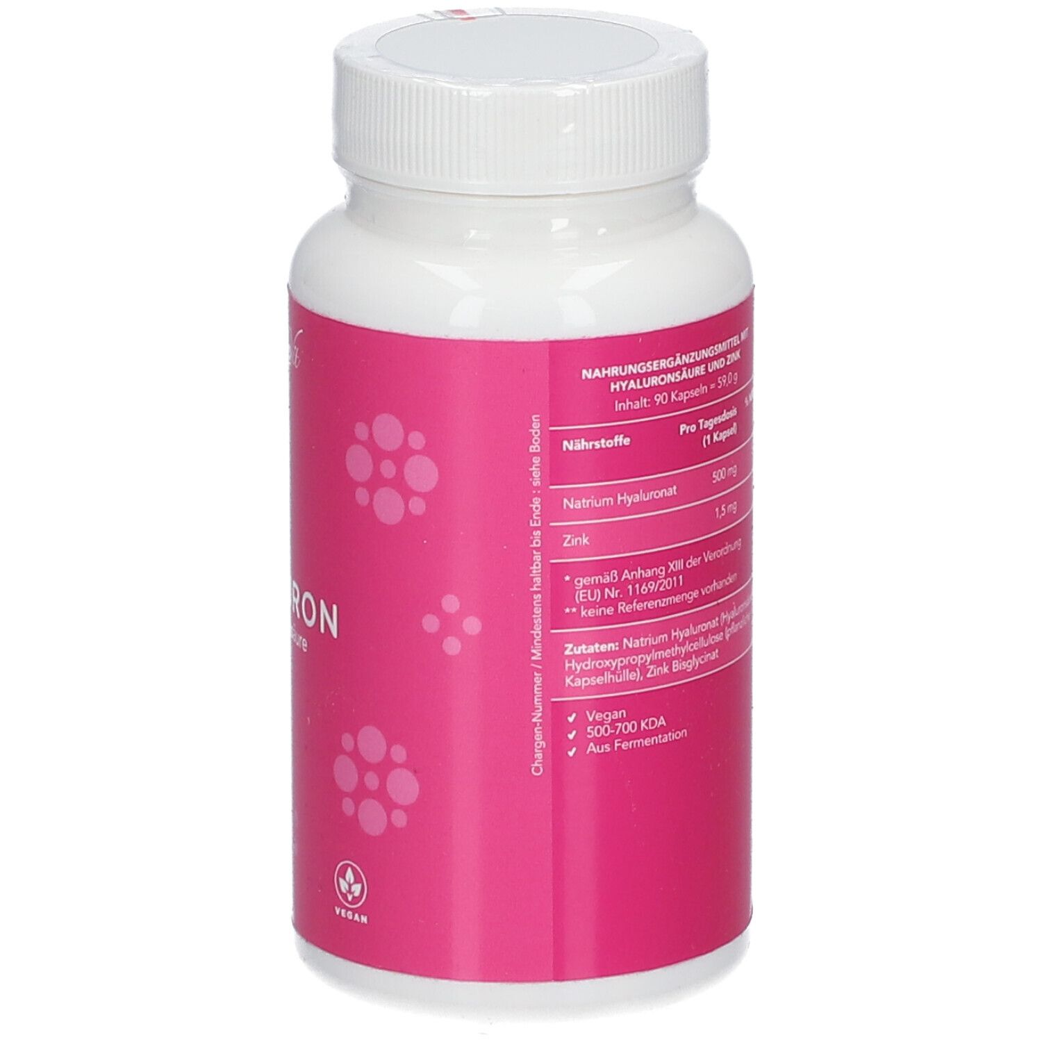 Weiße Flasche mit rosa Etikett. Text mit Inhaltsstoffen und Nährwerten. 90 Kapseln. Marke BjökoVit. Vegan-Siegel.