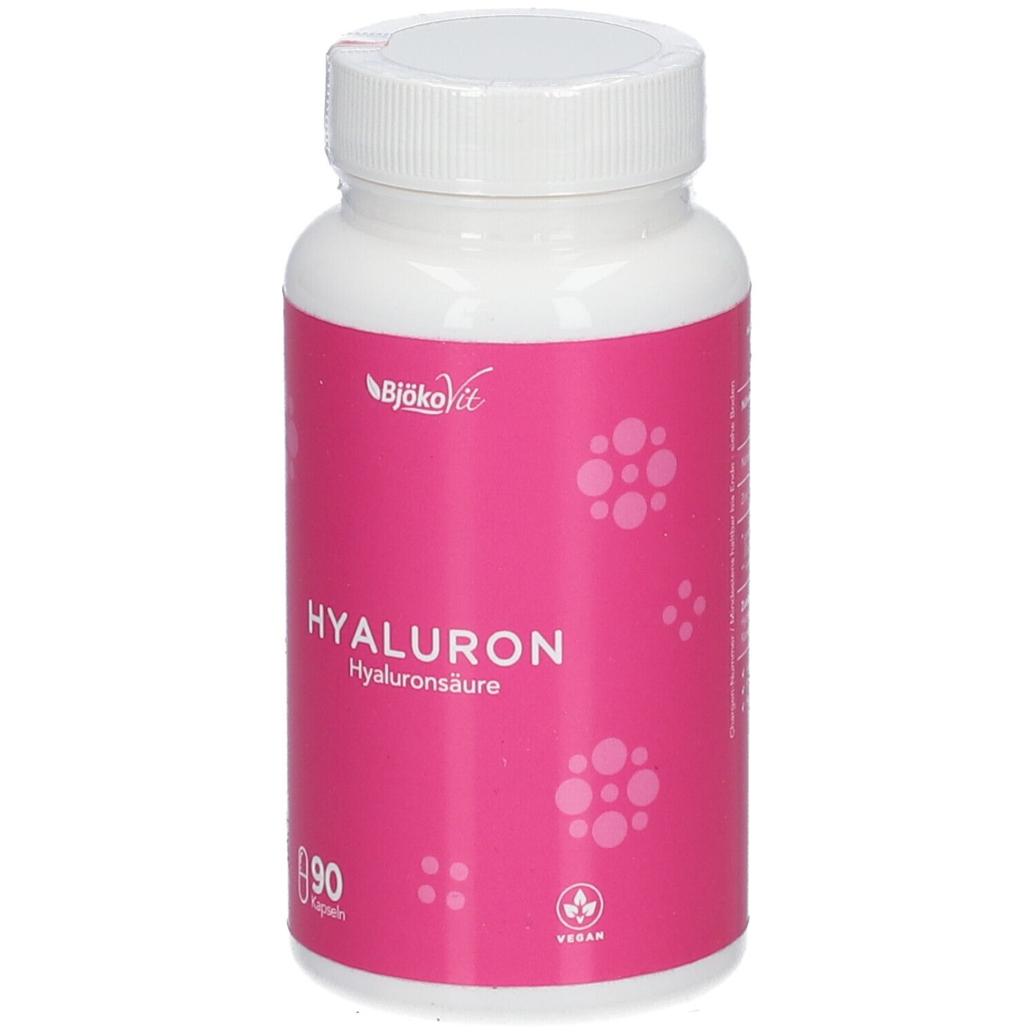 Weiße Flasche mit rosa Etikett. Aufschrift: Hyaluron, 90 Kapseln. Marke BjökoVit. Vegan-Siegel.