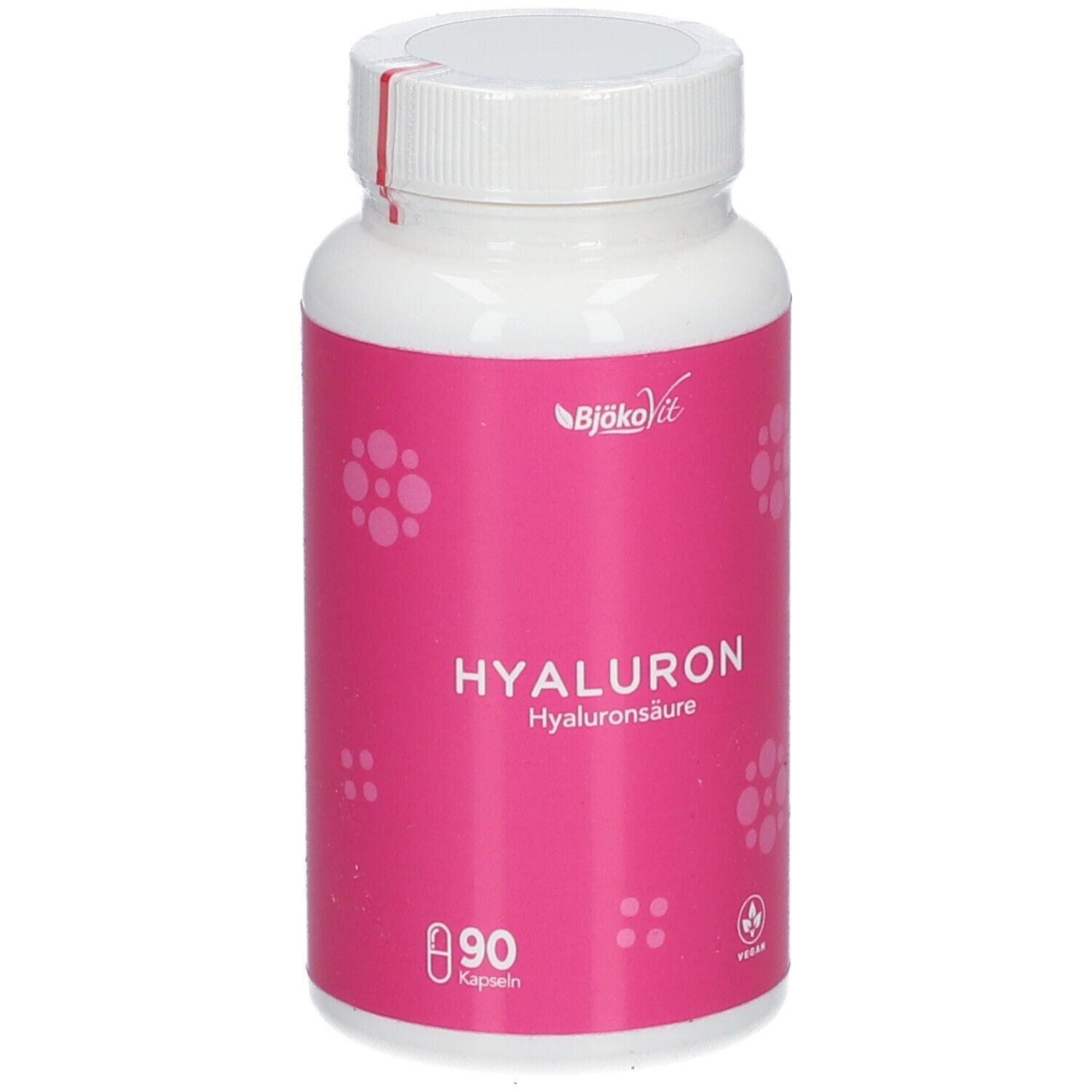 Weiße Flasche mit rosa Etikett. Aufschrift: Hyaluron, 90 Kapseln. Marke BjökoVit. Vegan-Siegel.