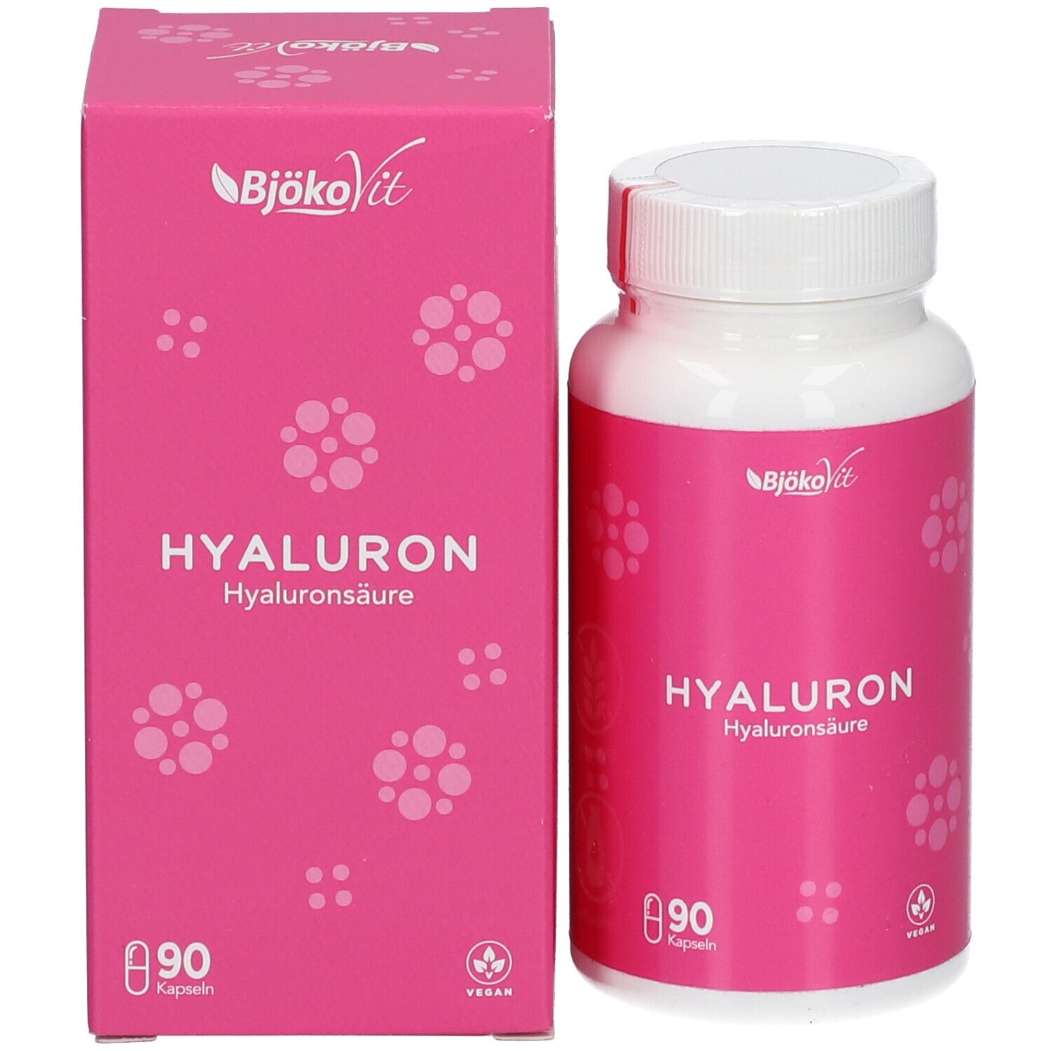 Rosa Schachtel und Flasche. Aufschrift: Hyaluron, 90 Kapseln. Marke BjökoVit. Vegan-Siegel.