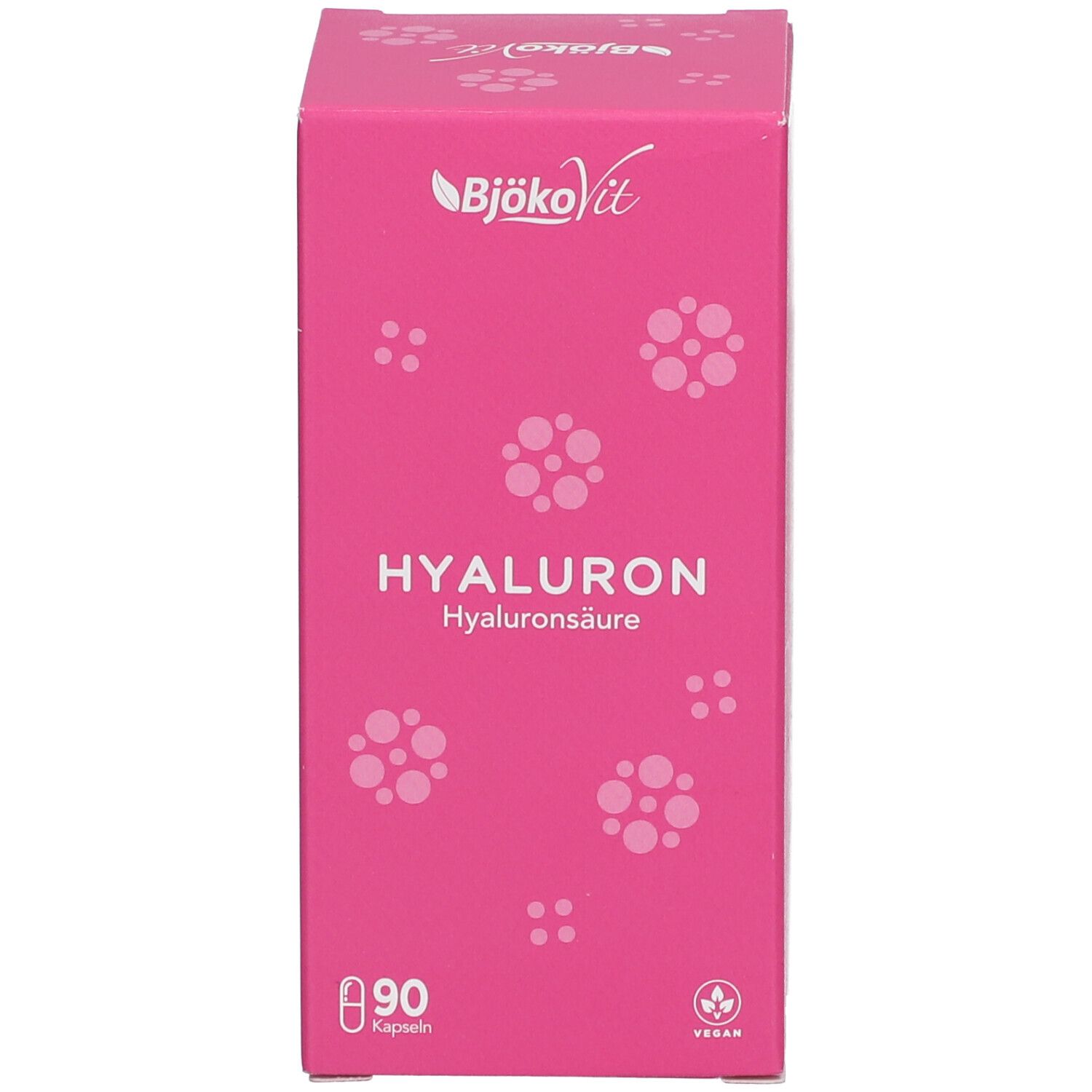 Rosa Schachtel. Aufschrift: Hyaluron, 90 Kapseln. Marke BjökoVit. Vegan-Siegel.
