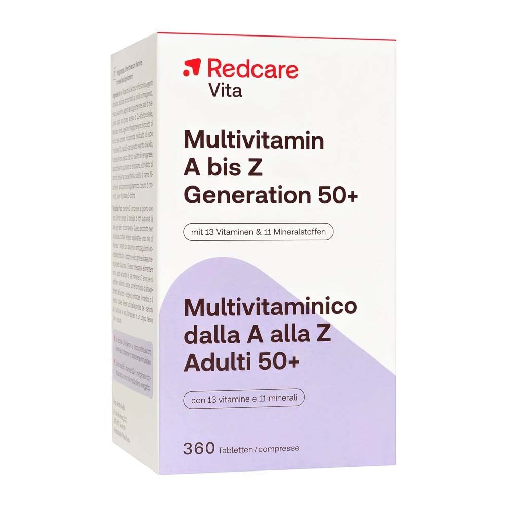 Verpackung mit Multivitamin-Tabletten. Aufschrift: A bis Z Generation 50+.