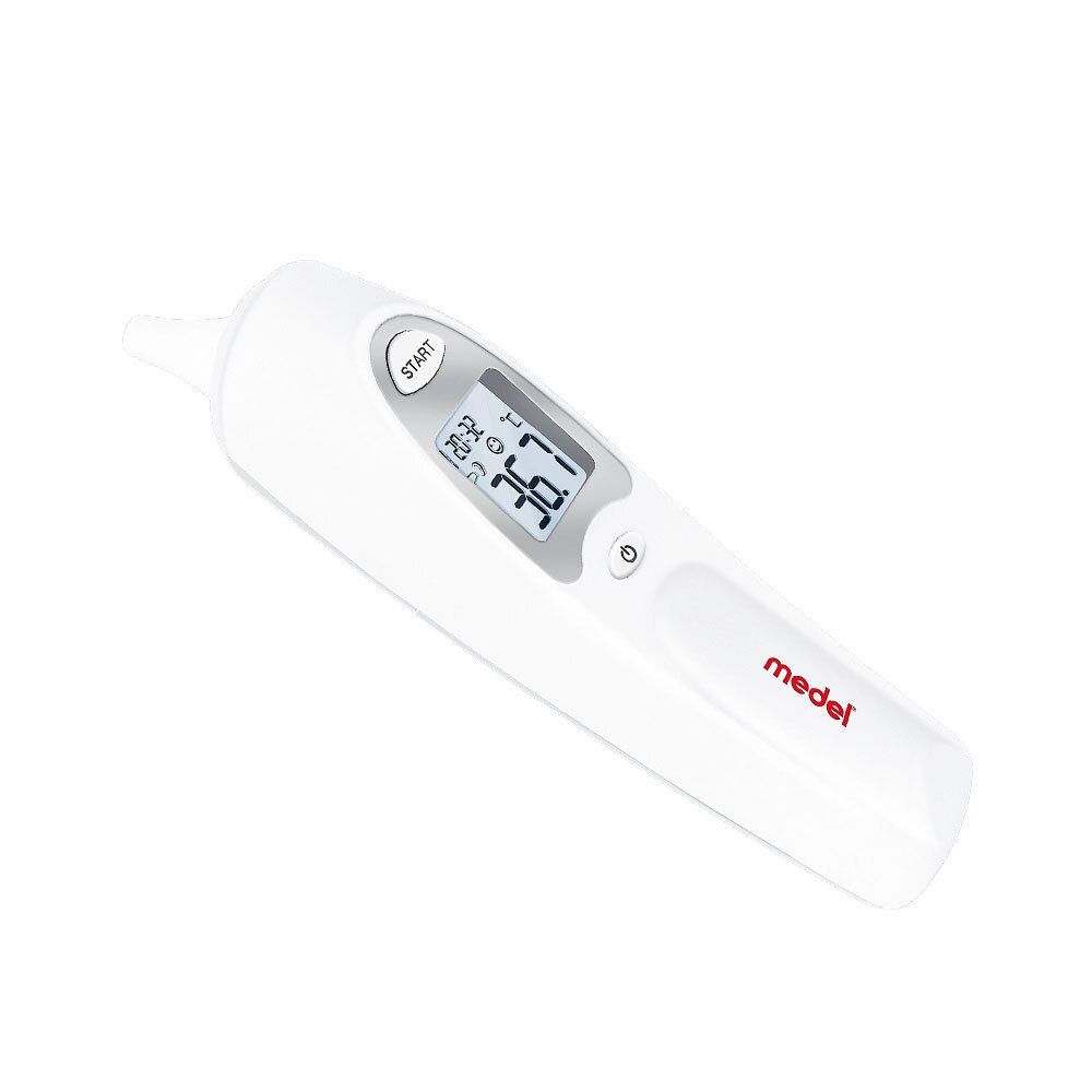 Weißes Ohrthermometer mit Display. Zeigt Temperatur 36,7°C. Mit Start- und Ein/Aus-Taste. Marke: medel.