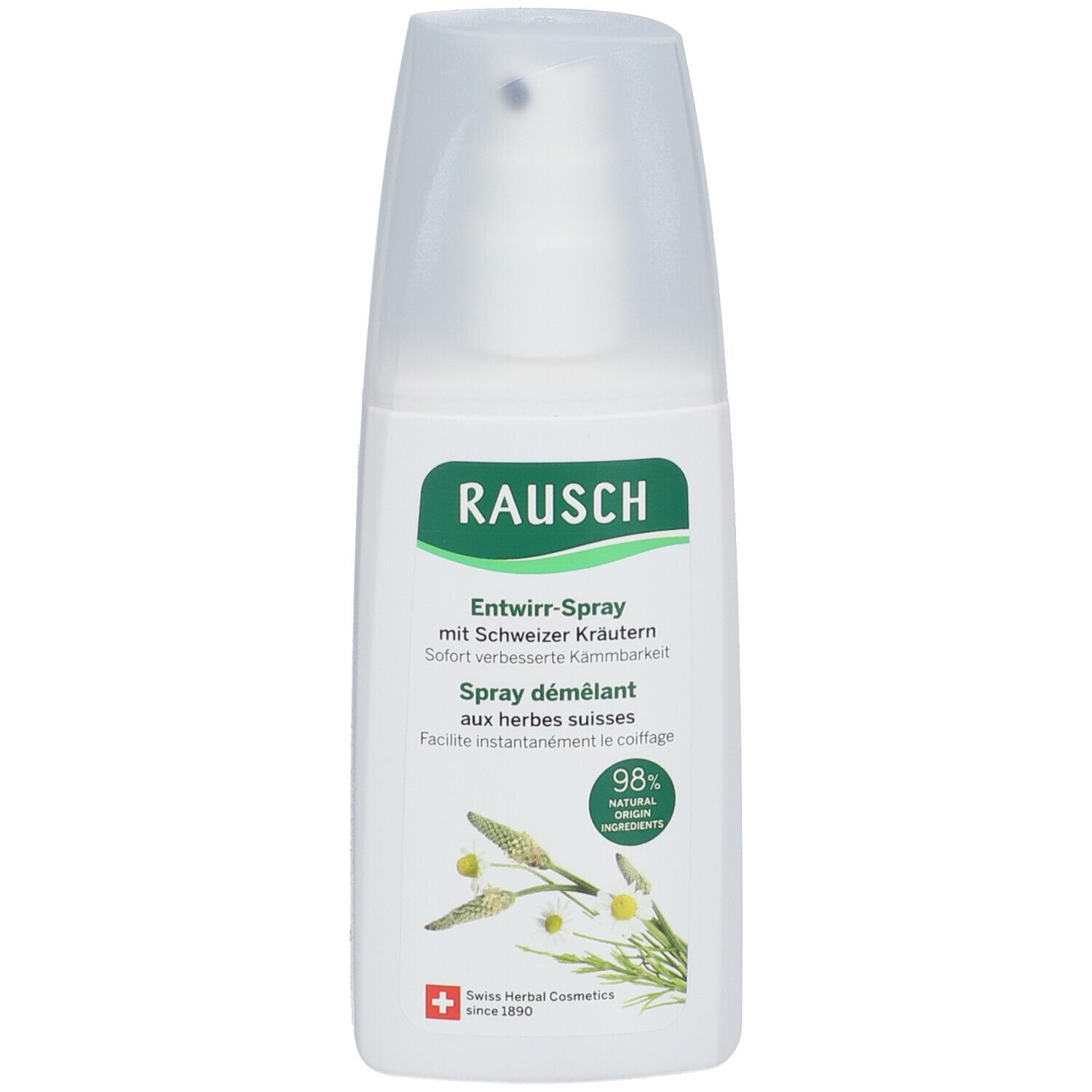Weißes Spray mit Sprühkopf. Grün-weißer Aufkleber mit Produktnamen und Kräuterabbildung. Schweizer Kreuz.
