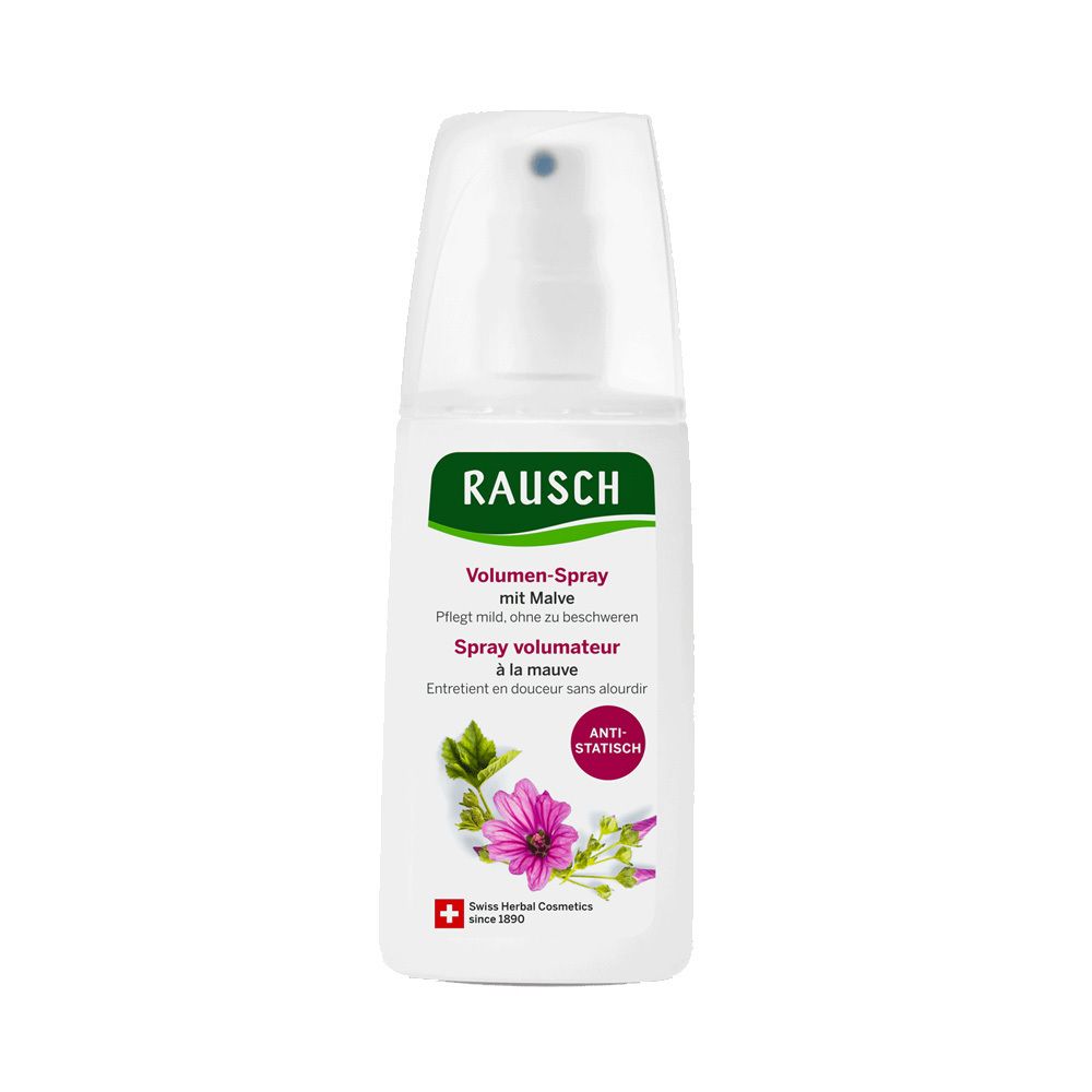 Weißes Volumen-Spray mit Malve. Rausch-Logo und Produktbezeichnung. Anti-Statisch-Label. Schweizer Kreuz.