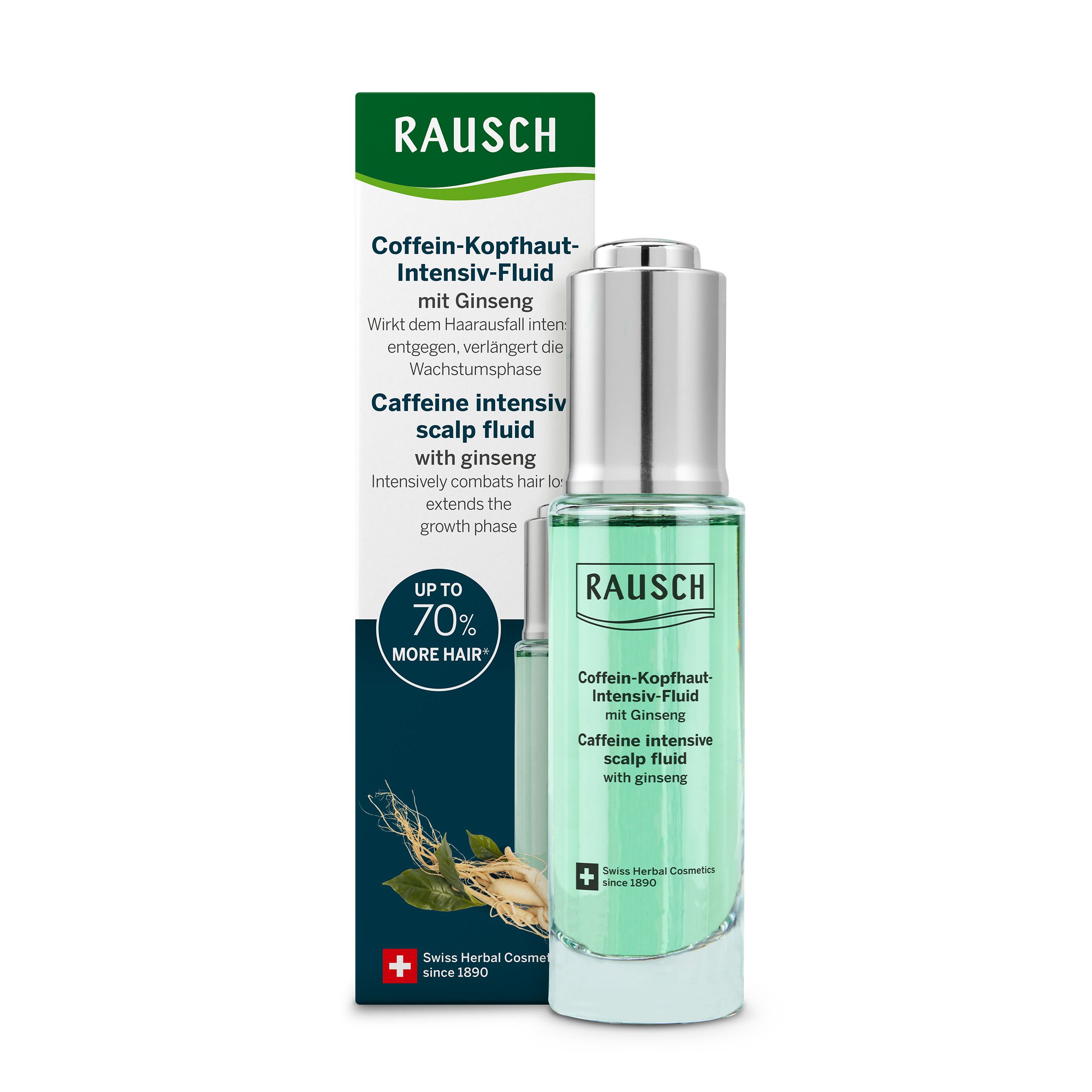 Rausch Koffein-Kopfhaut-Intensiv-Fluid mit Ginseng in einer Glasflasche mit Pipette. Kartonverpackung mit Ginsengwurzeln und Text.