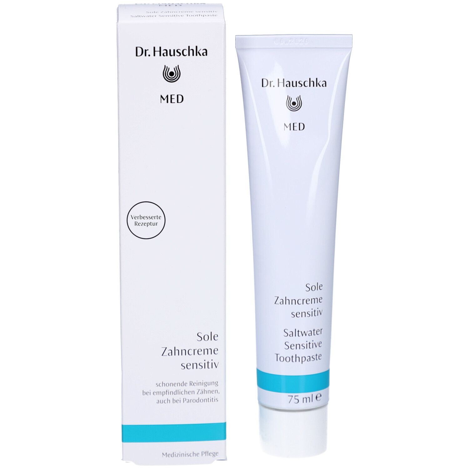 Zahnpasta-Tube und Schachtel. Aufschrift: Dr. Hauschka MED, Sole Zahncreme sensitiv, 75 ml. Schachtel mit Text.