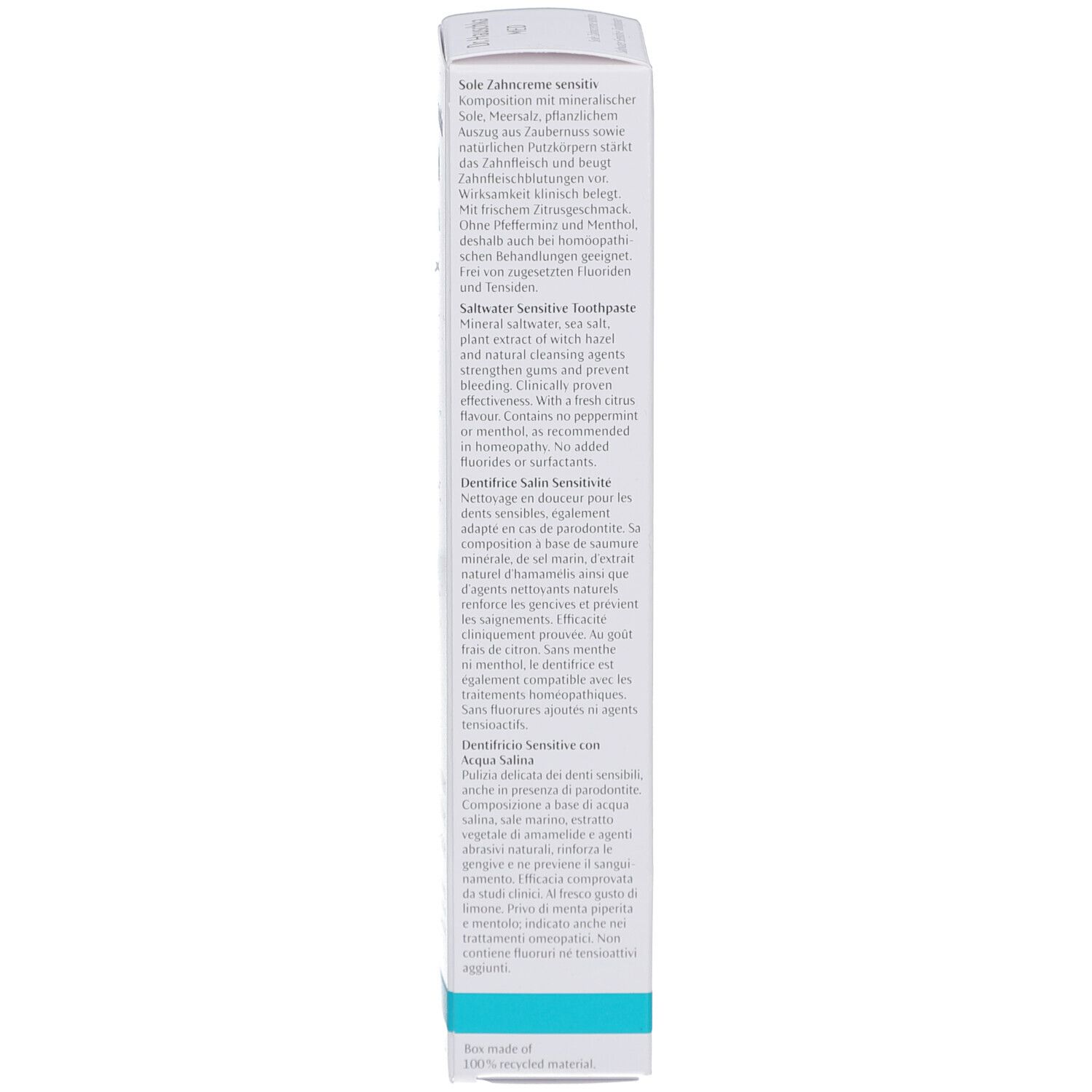 Rückseite der Schachtel. Text in Deutsch, Englisch, Französisch und Italienisch. Enthält Informationen zum Produkt.