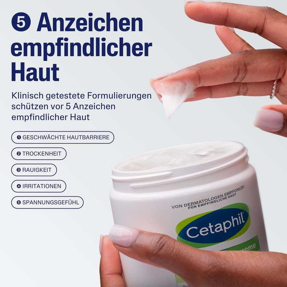 Hand mit Creme. Text: 5 Anzeichen empfindlicher Haut. Geschwächte Hautbarriere, Trockenheit, Rauigkeit, Irritationen, Spannungsgefühl.
