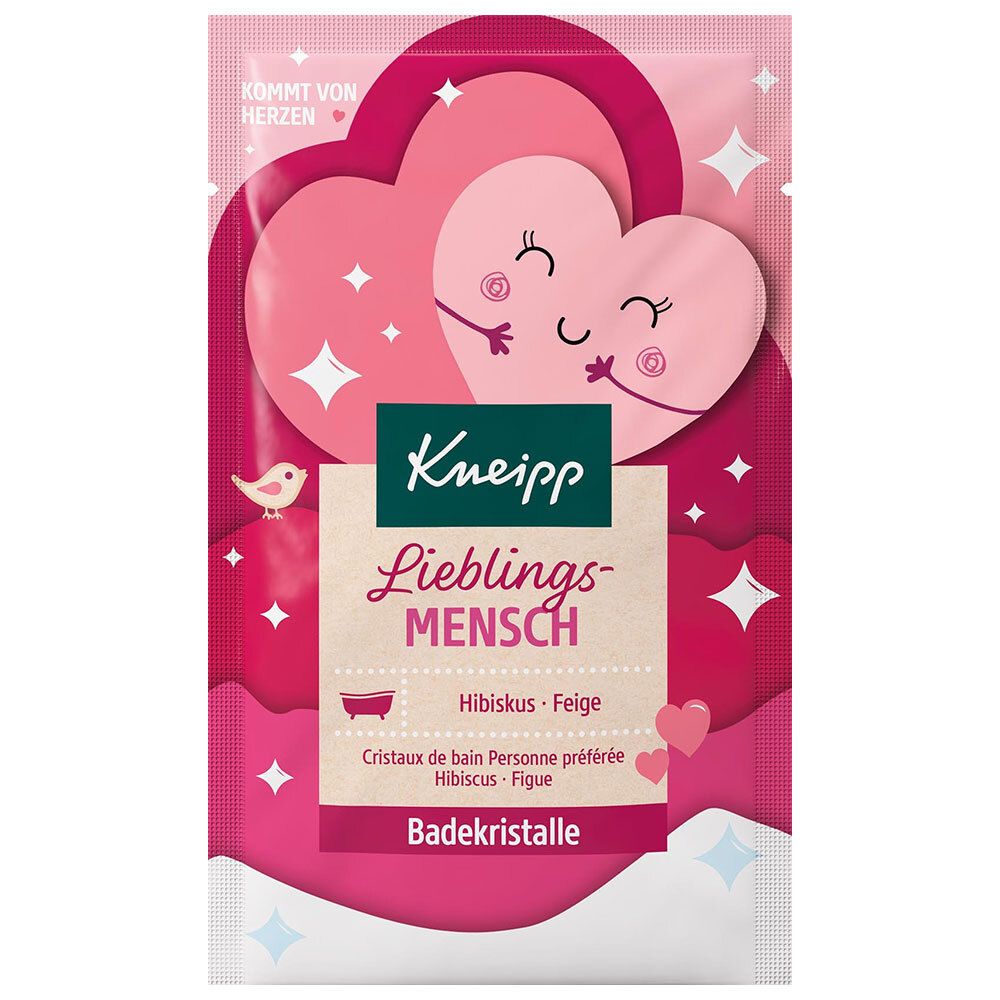 Kneipp Badekristalle Lieblingsmensch. Rosa Beutel mit Herz-Design. Enthält Hibiskus und Feige. Produktname und Marke sichtbar.