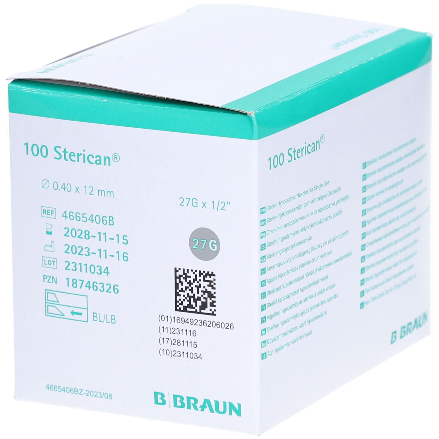 Verpackung von 100 Sterican Einmalkanülen. Aufdrucke: 0,40 x 12 mm, 27G x 1/2", REF, LOT, PZN, Haltbarkeit. Hersteller: B. Braun.