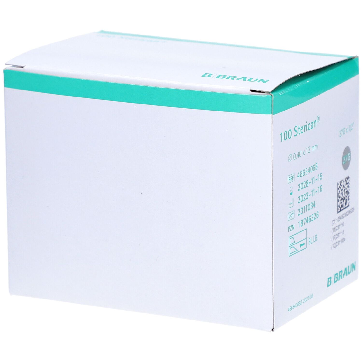 Weiße Verpackung mit grüner Umrandung. Aufschrift: 100 Sterican. Herstellerlogo B. Braun. Details: 0,40 x 12 mm, REF, LOT, Haltbarkeit.