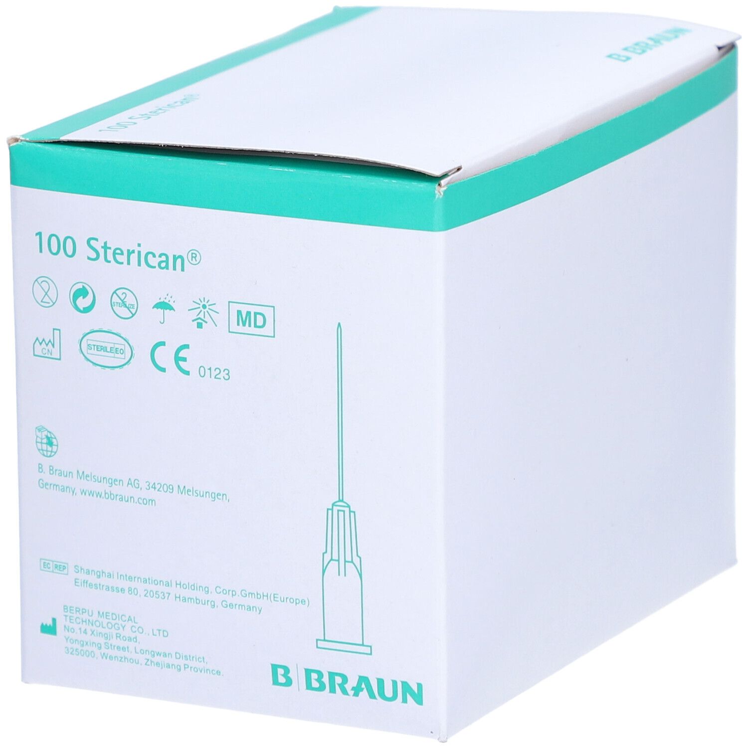 Verpackung von 100 Sterican Einmalkanülen. Kanüle sichtbar. Aufdrucke: 0,40 x 12 mm, CE-Kennzeichnung, Herstellerlogo B. Braun.