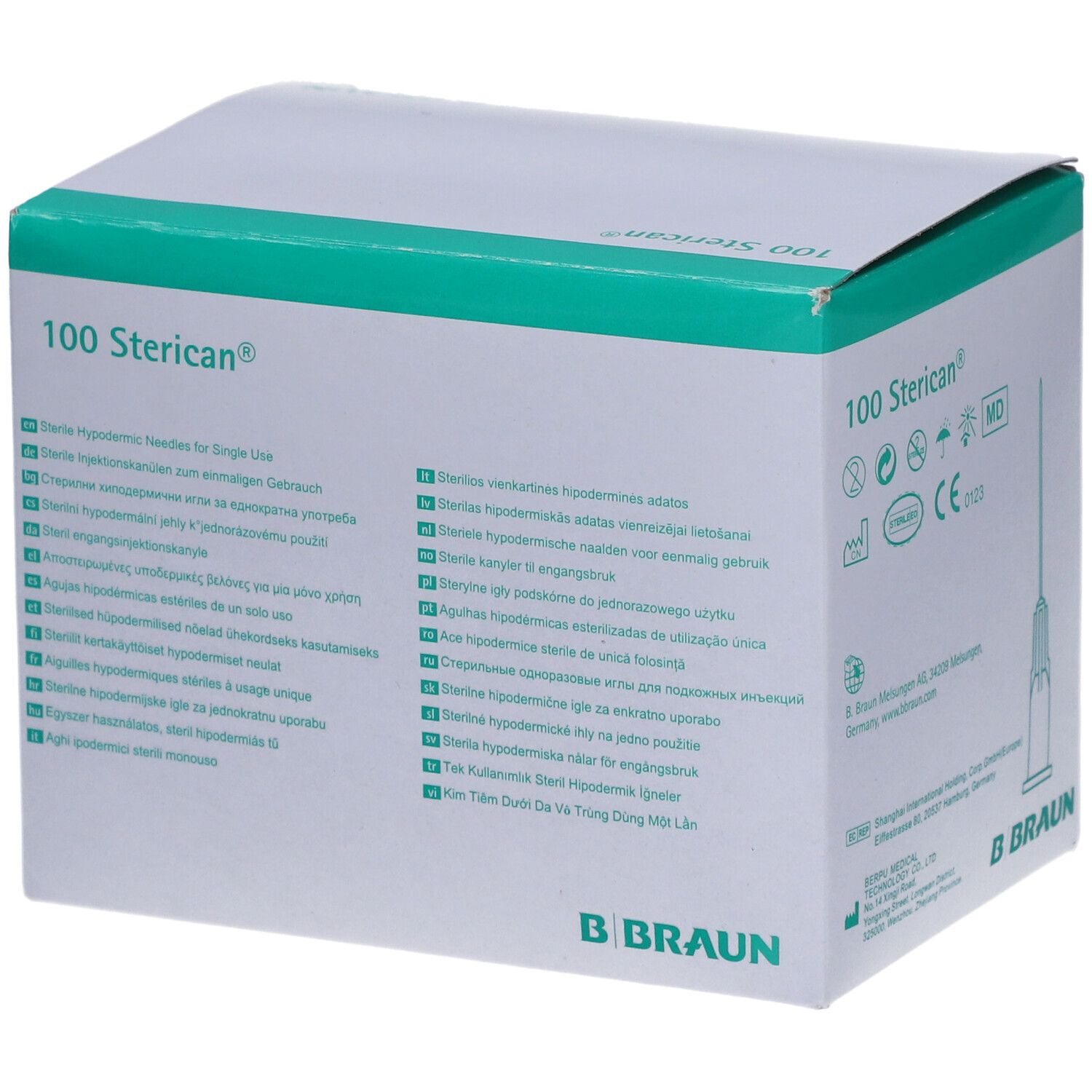 Verpackung von 100 Sterican Einmalkanülen. Text in mehreren Sprachen. Herstellerlogo B. Braun. Kanüle sichtbar.