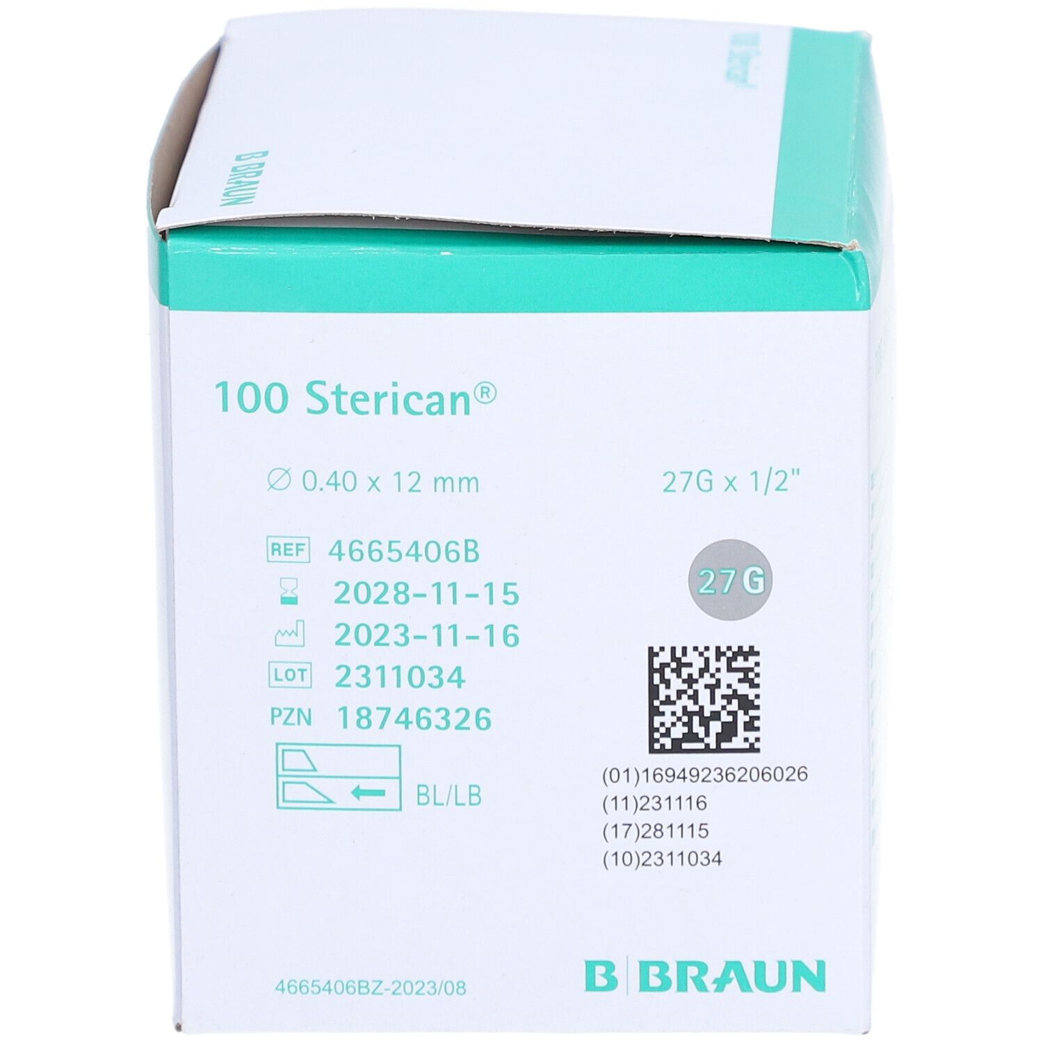 Verpackung von 100 Sterican Einmalkanülen. Aufdrucke: 0,40 x 12 mm, 27G x 1/2", REF, LOT, PZN, Haltbarkeit. Hersteller: B. Braun.