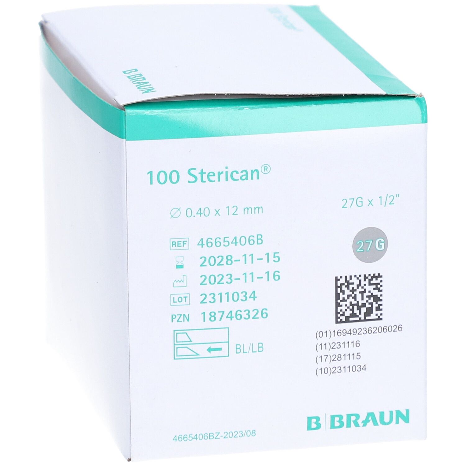 Verpackung von 100 Sterican Einmalkanülen. Aufdrucke: 0,40 x 12 mm, 27G x 1/2", REF, LOT, PZN, Haltbarkeit. Hersteller: B. Braun.