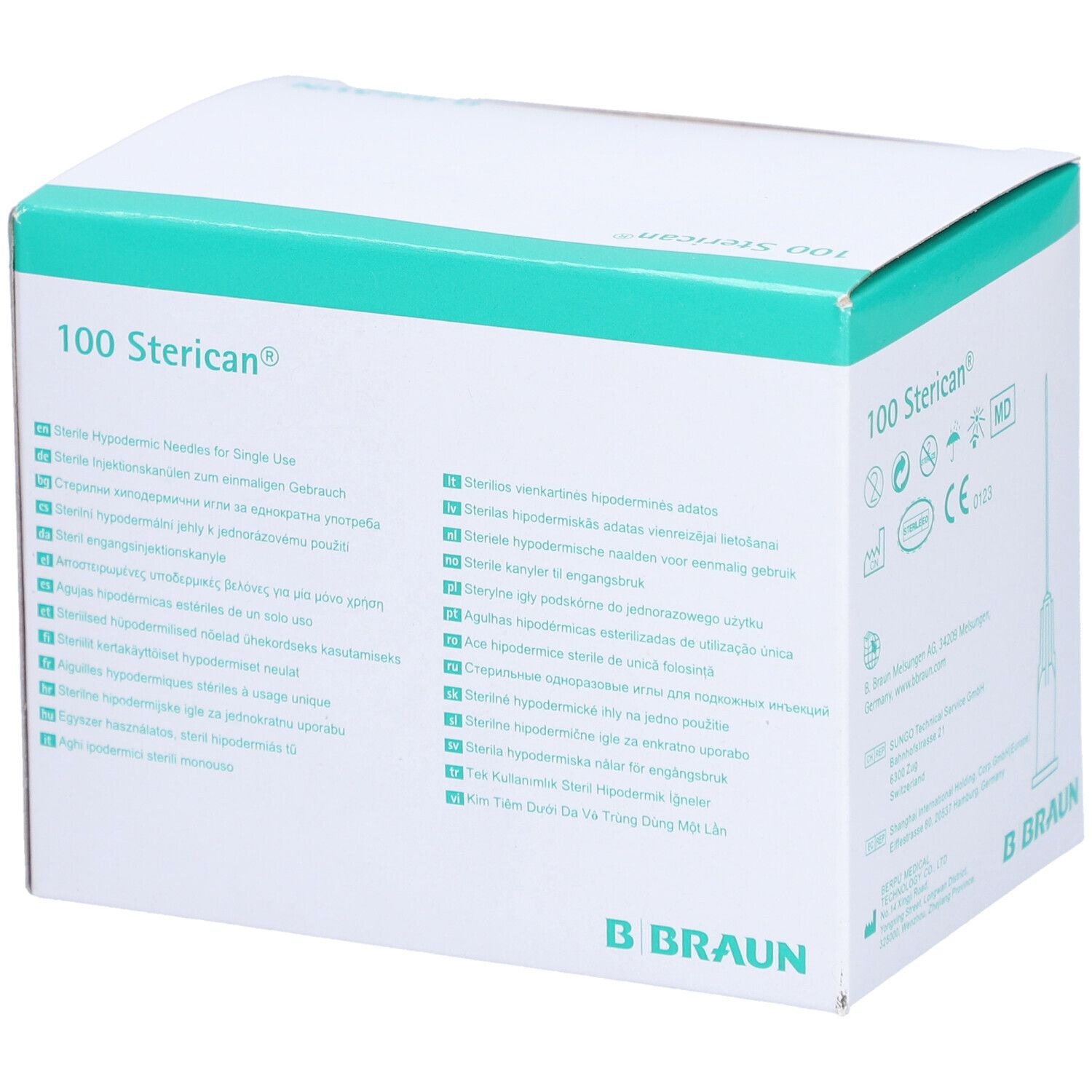 Verpackung von 100 Sterican® Kanülen. Aufschrift: Sterile Hypodermic Needles for Single Use. B. Braun Logo.