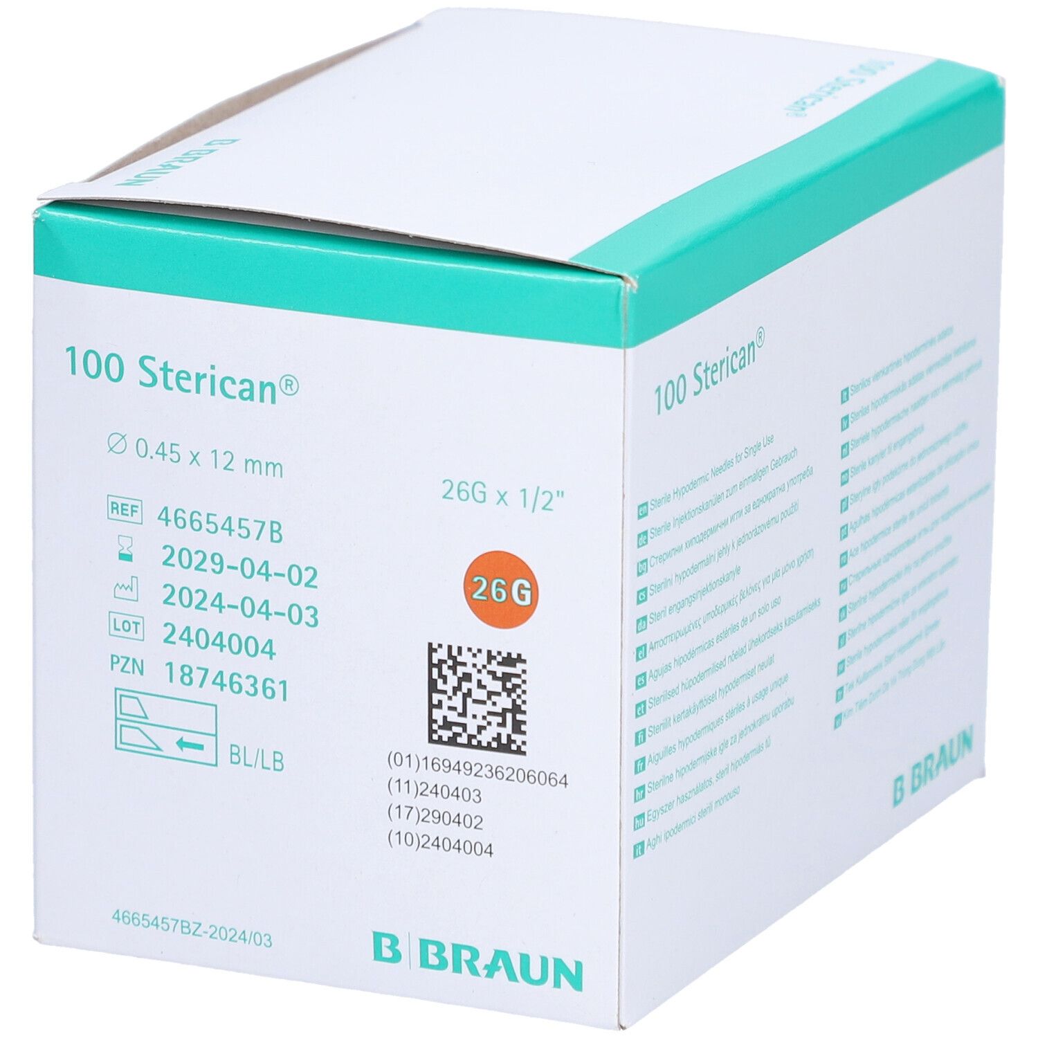 Verpackung von 100 Sterican® Kanülen. Angaben: 0,45 x 12 mm, 26G x 1/2". B. Braun Logo. PZN-Nummer und Chargennummer.